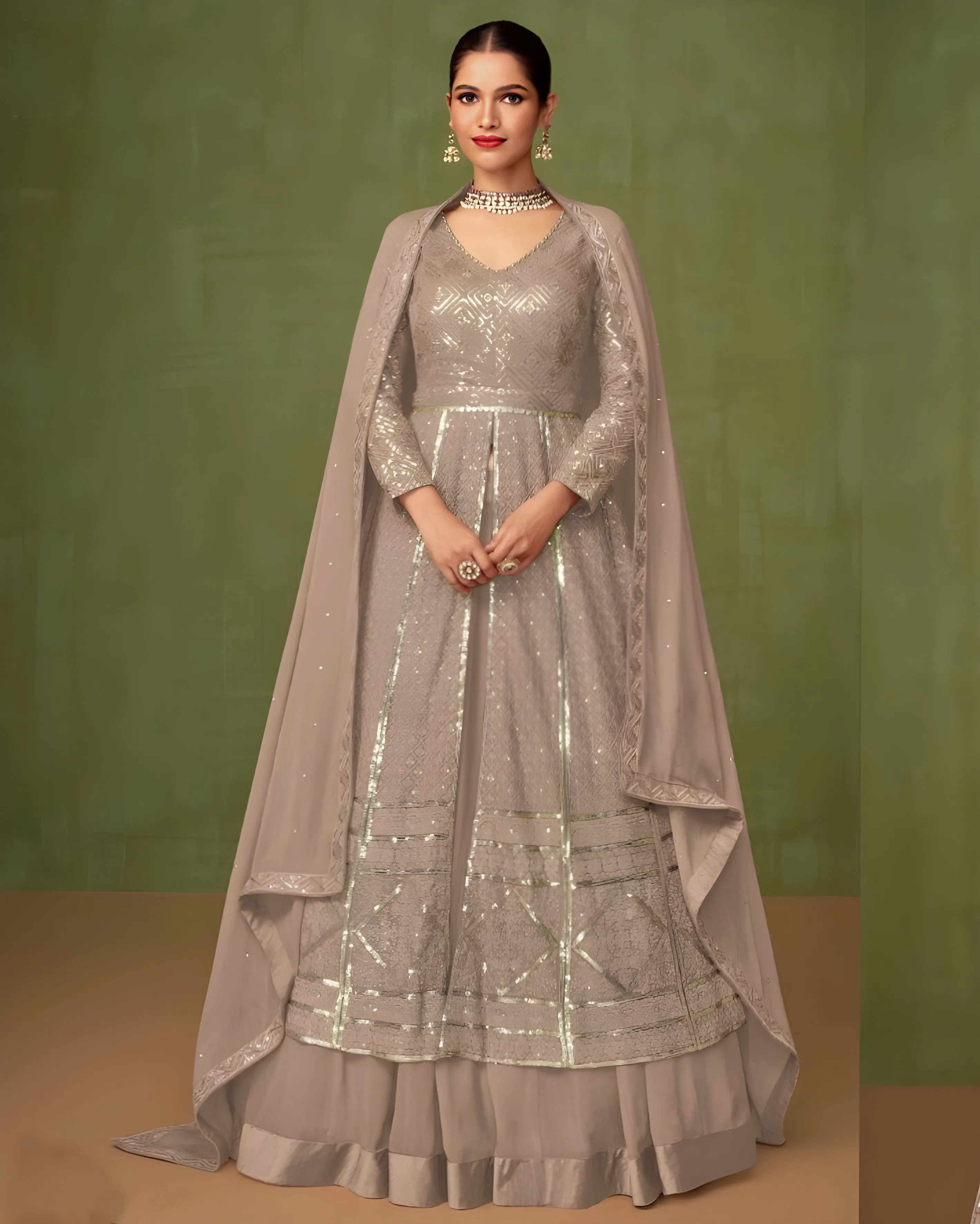 Embroidered Georgette Palazzo Suits Gray