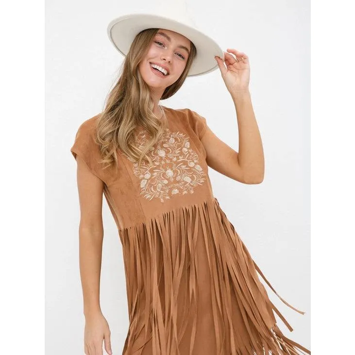 Embroidered Suede Fringe Dress