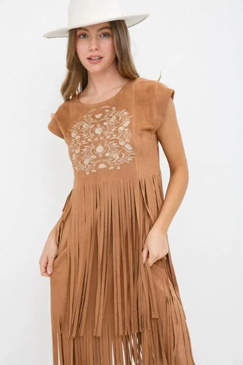 Embroidered Suede Fringe Dress