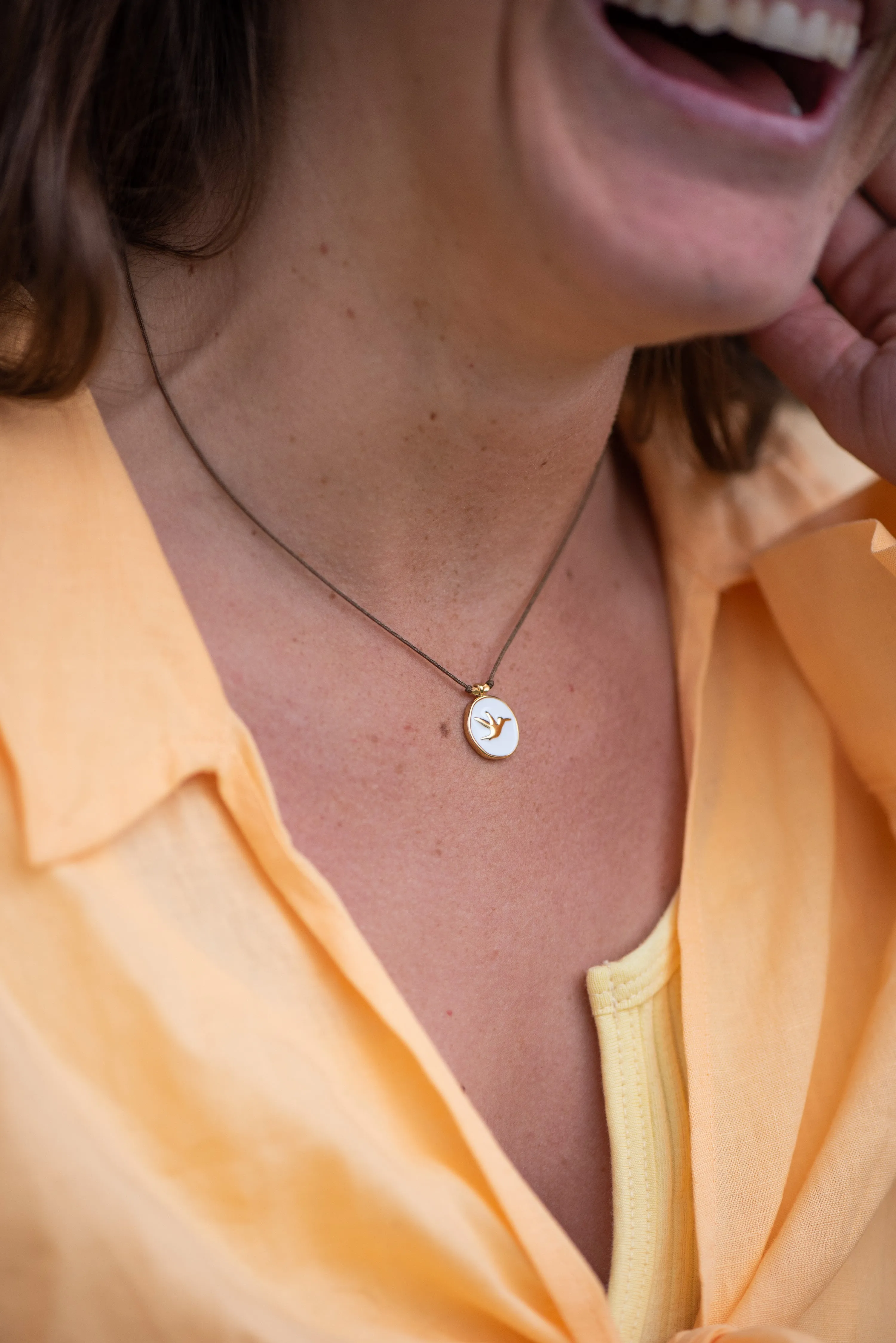 Enamel Charm Necklace - White Hummingbird