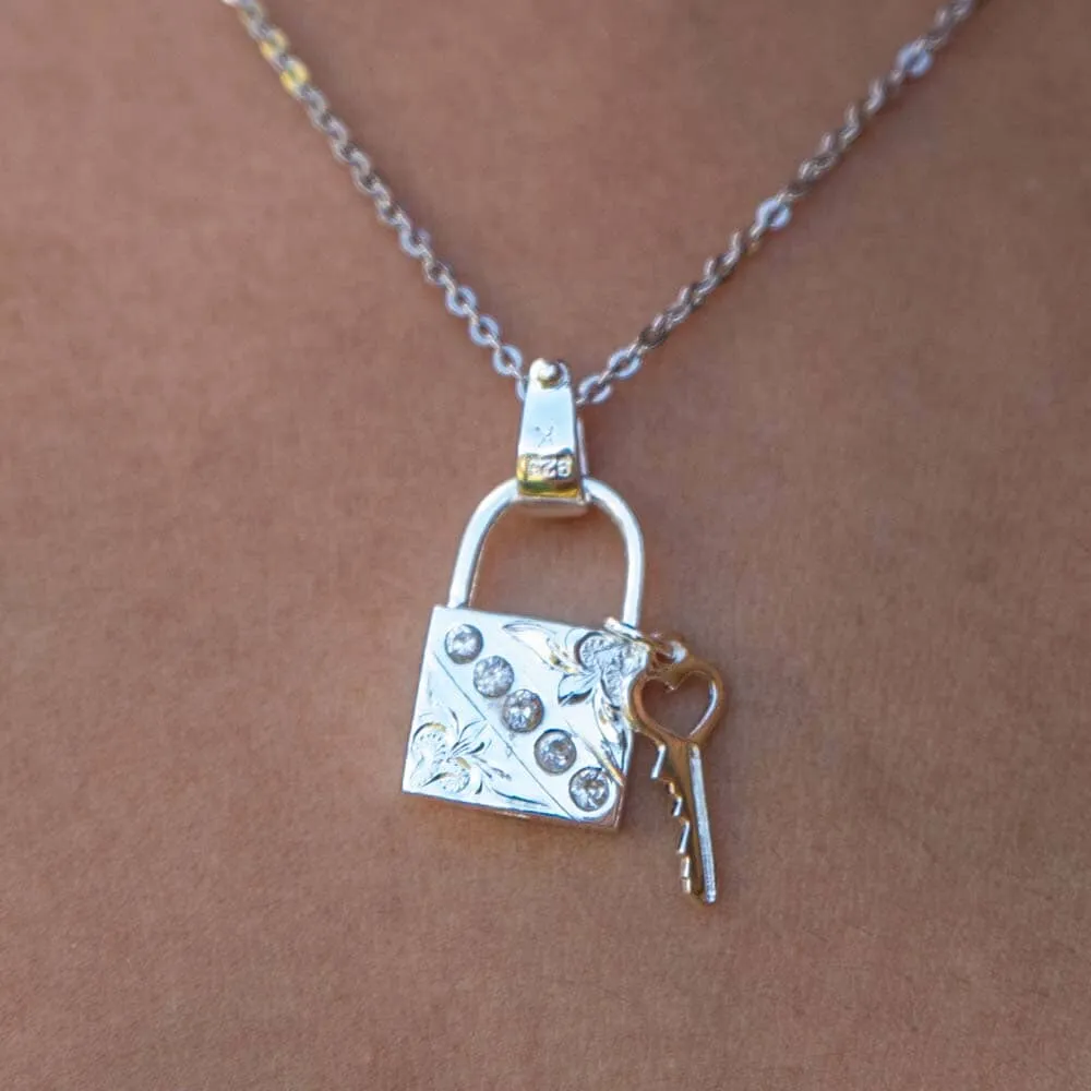 Engraved Lock & Key Pendant