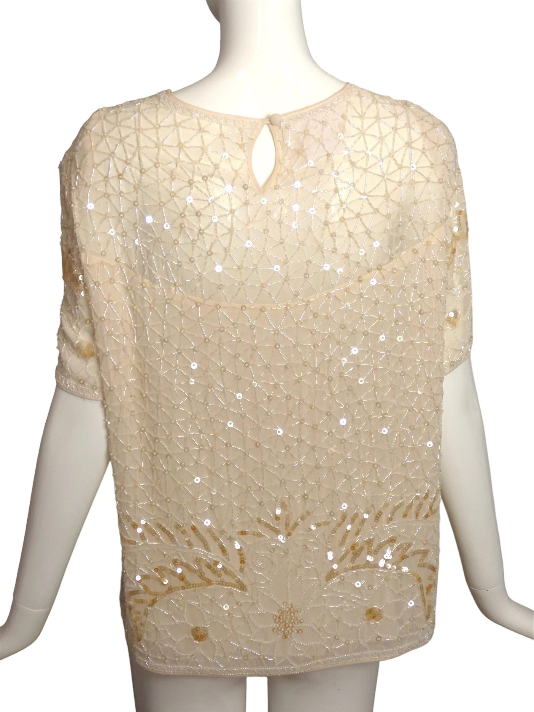 ESCADA- 1990s Ivory Beaded Chiffon Top, Size 14