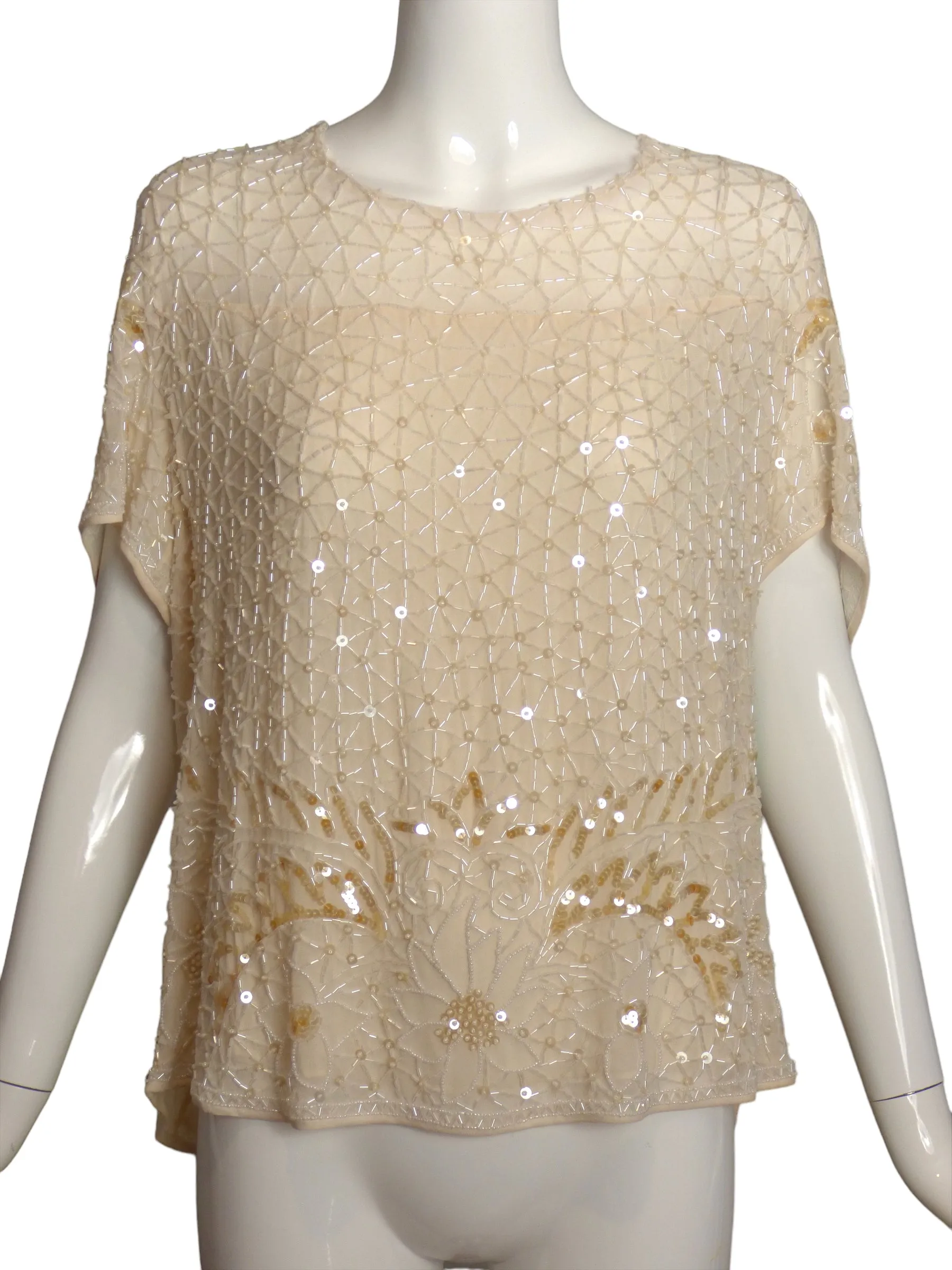 ESCADA- 1990s Ivory Beaded Chiffon Top, Size 14