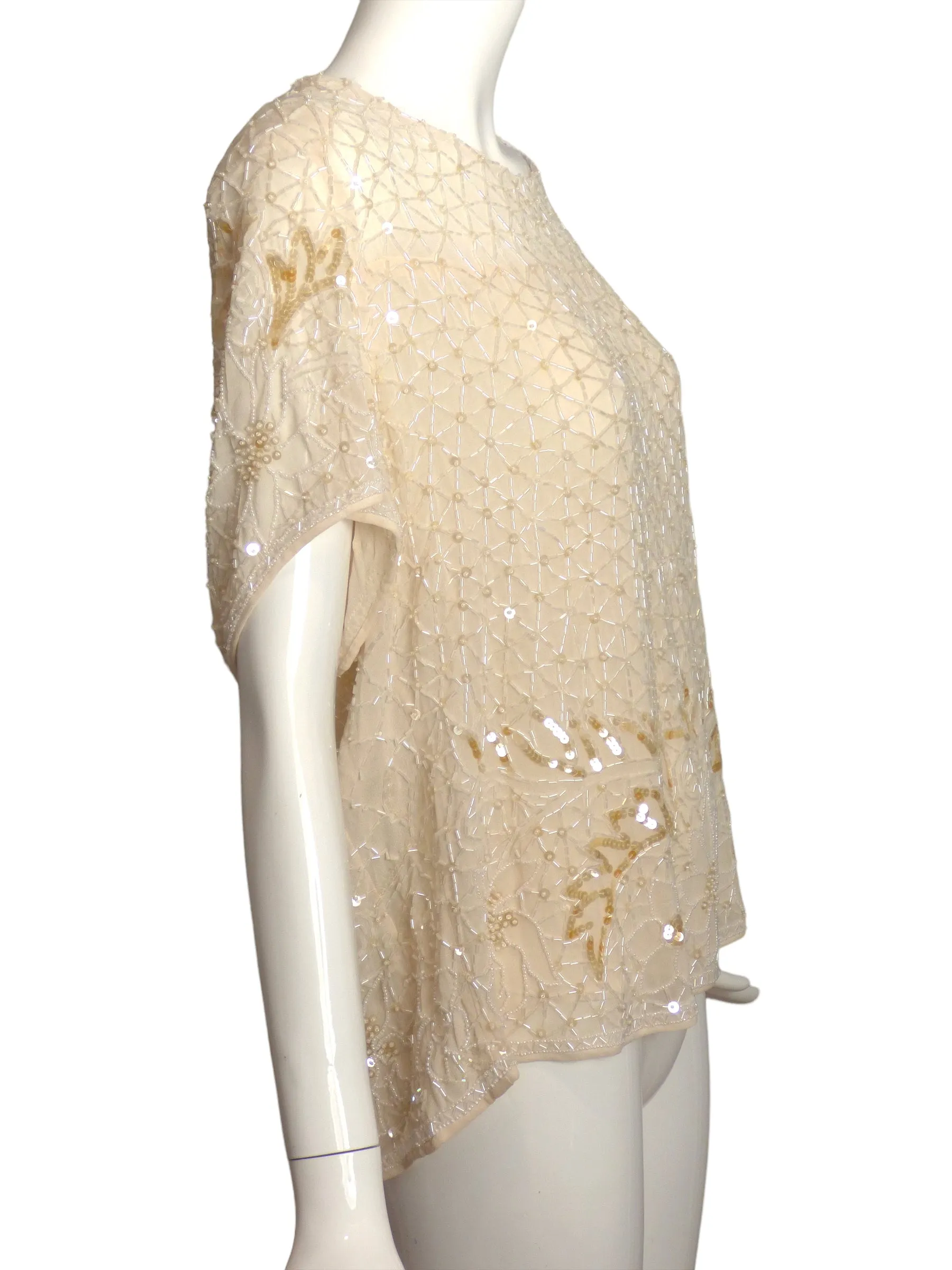 ESCADA- 1990s Ivory Beaded Chiffon Top, Size 14