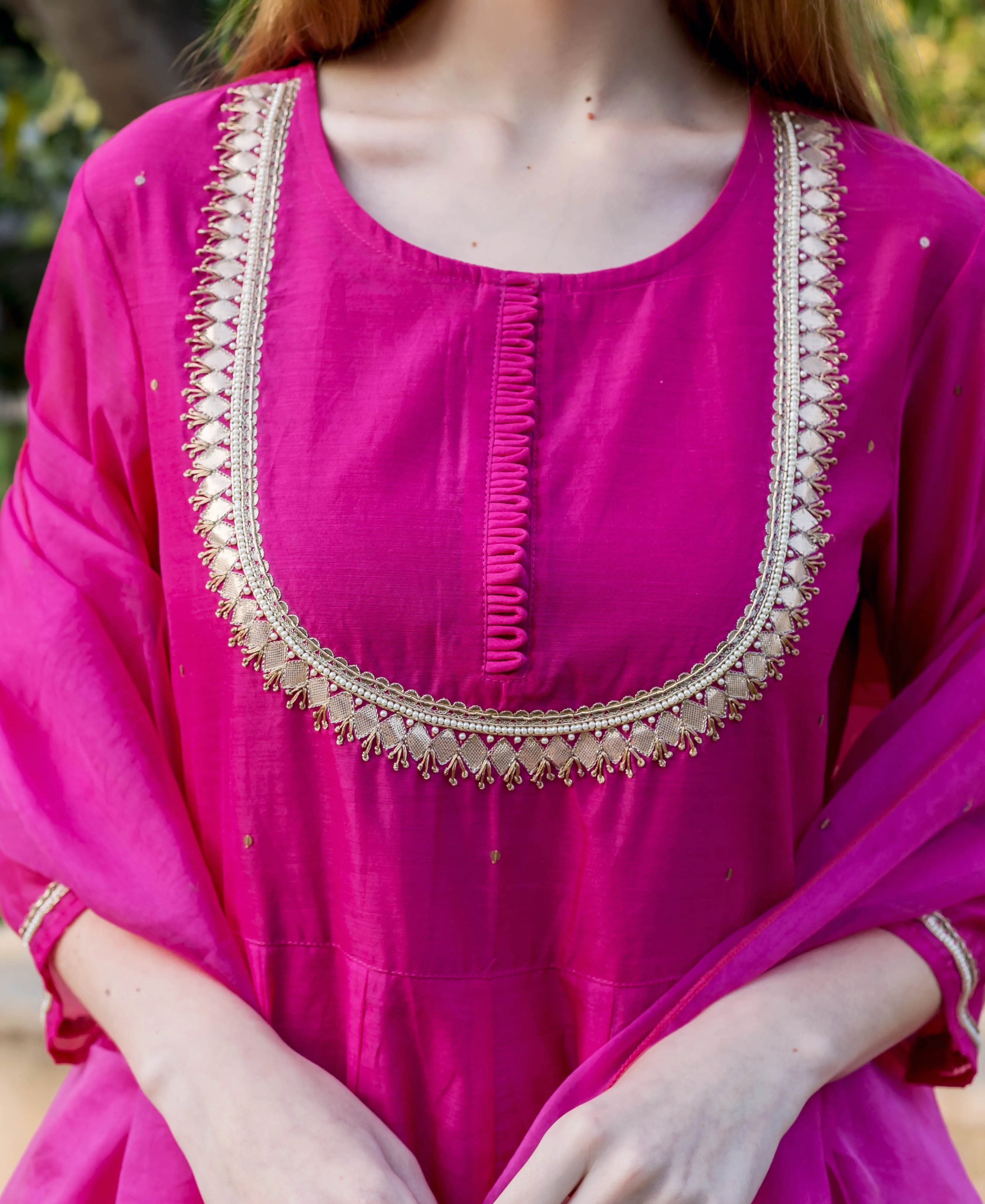 Eshika Raspberry Pink Embroidered Chanderi Dress