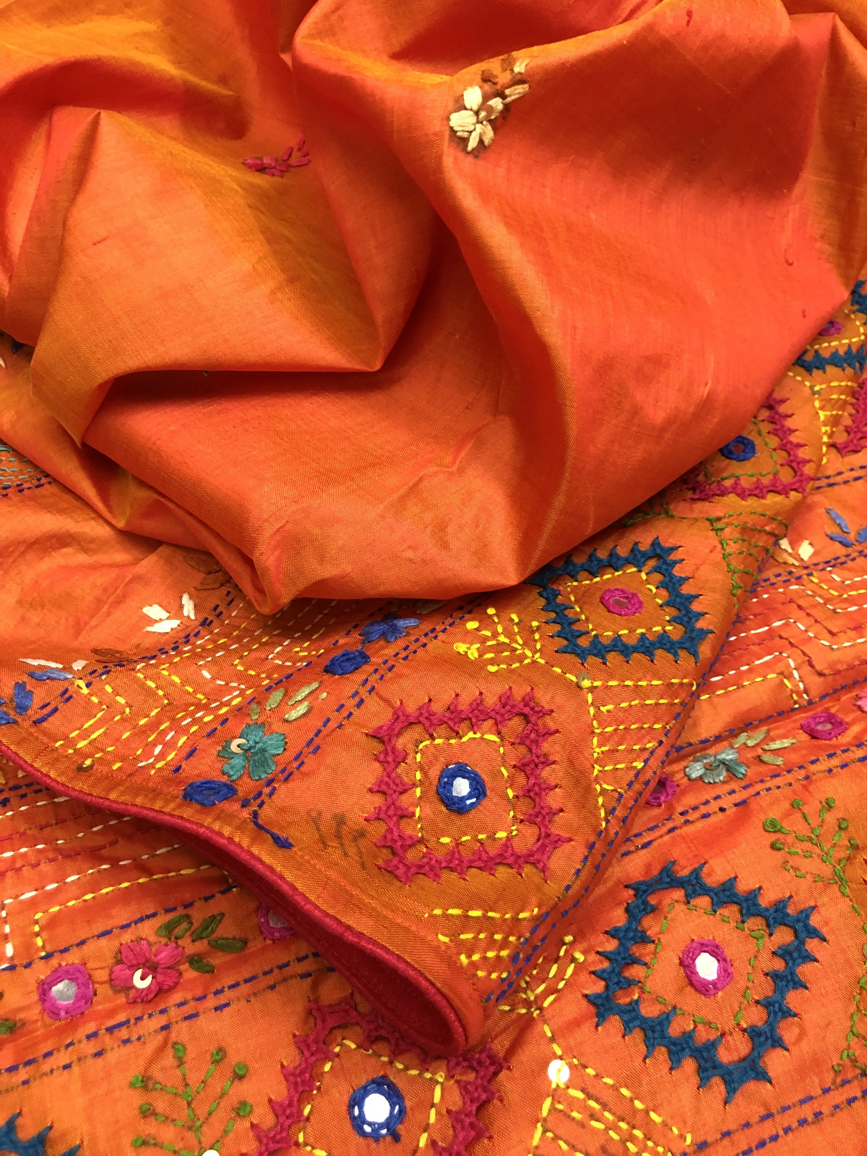 Fire Orange Color Pure Bangalore Silk with Kantha Stitch and Lambani Work