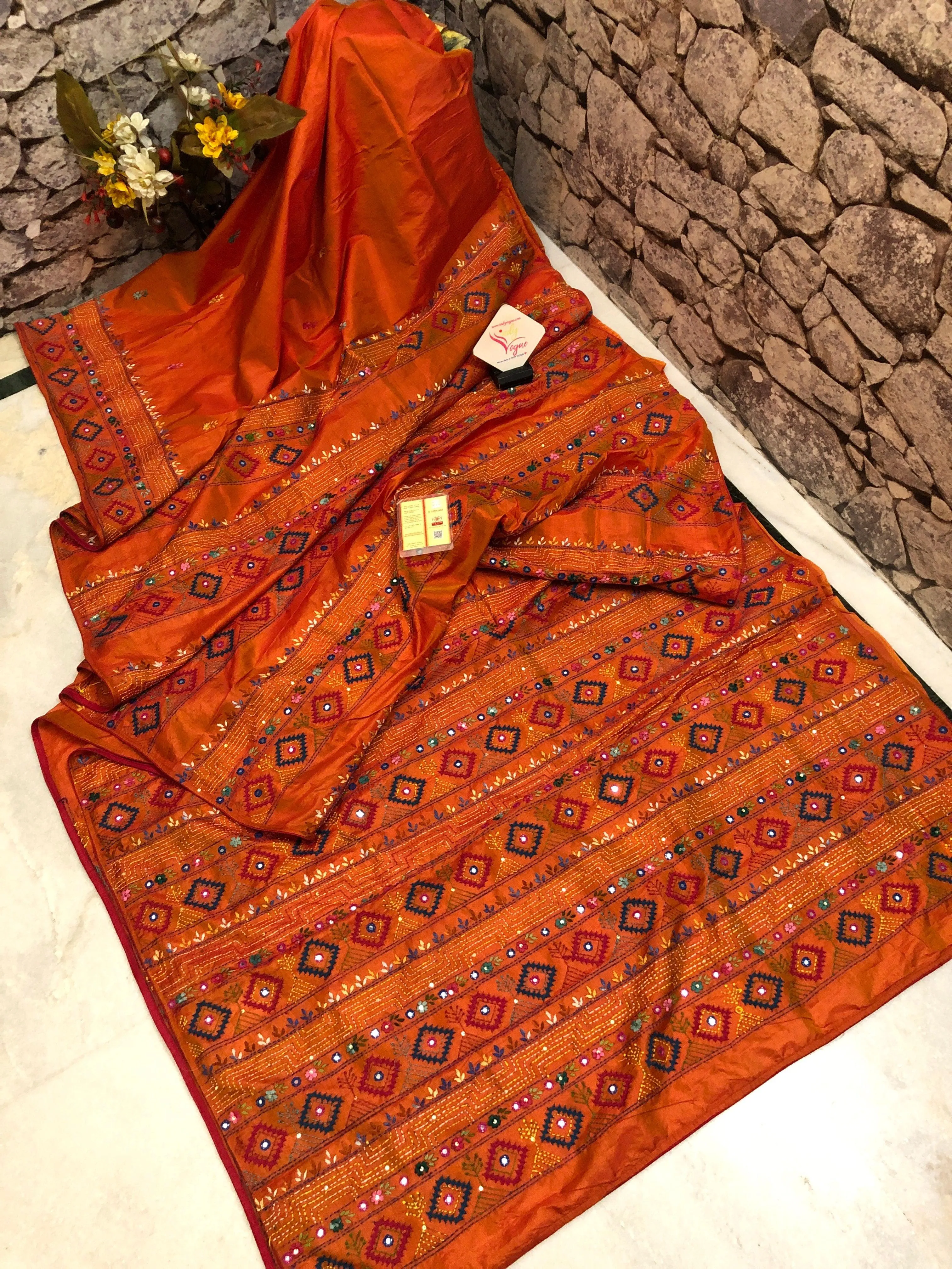 Fire Orange Color Pure Bangalore Silk with Kantha Stitch and Lambani Work