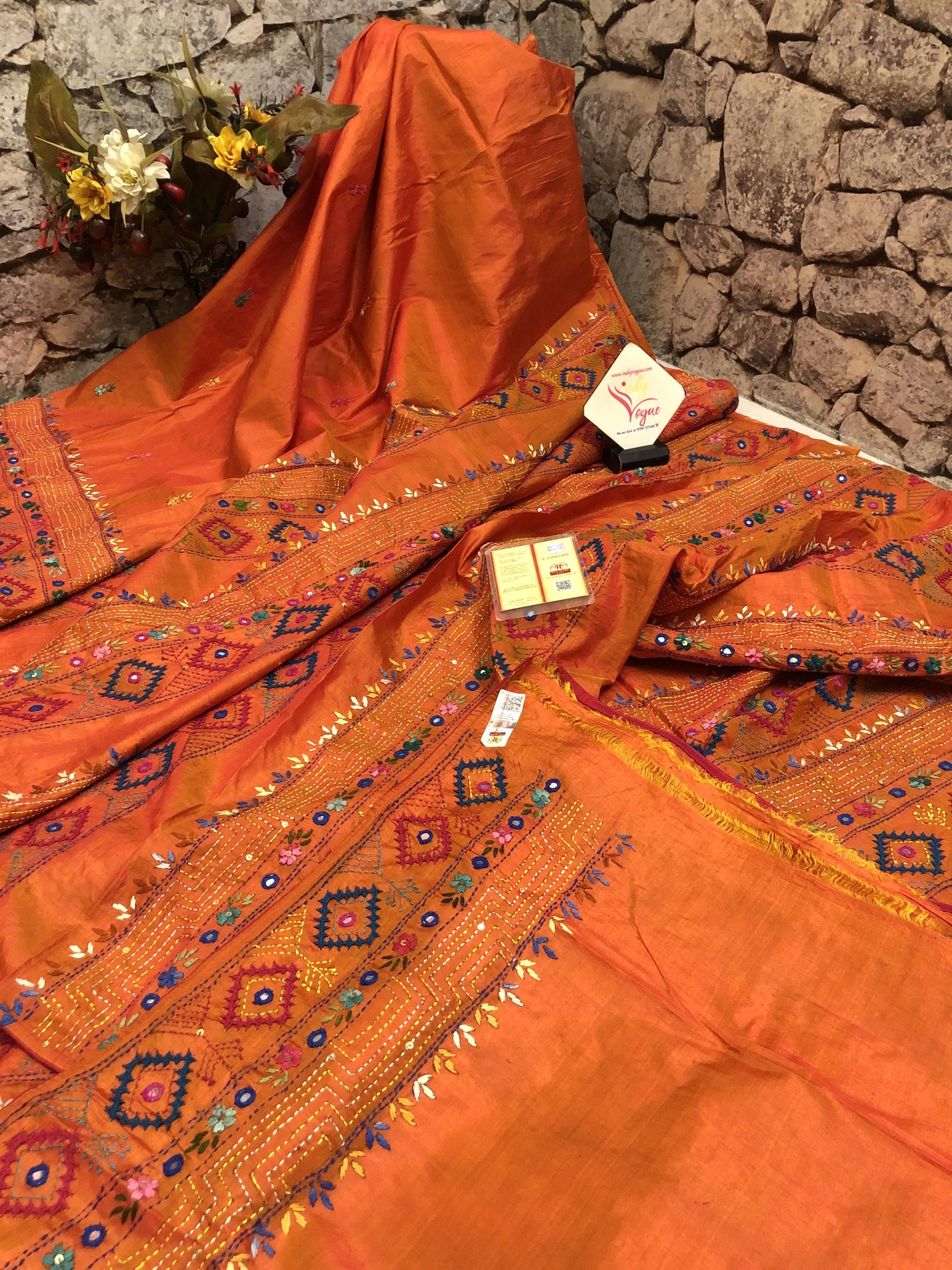 Fire Orange Color Pure Bangalore Silk with Kantha Stitch and Lambani Work