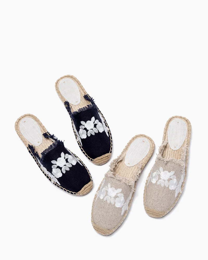 Flower Embroidered Espadrille Flat Mules