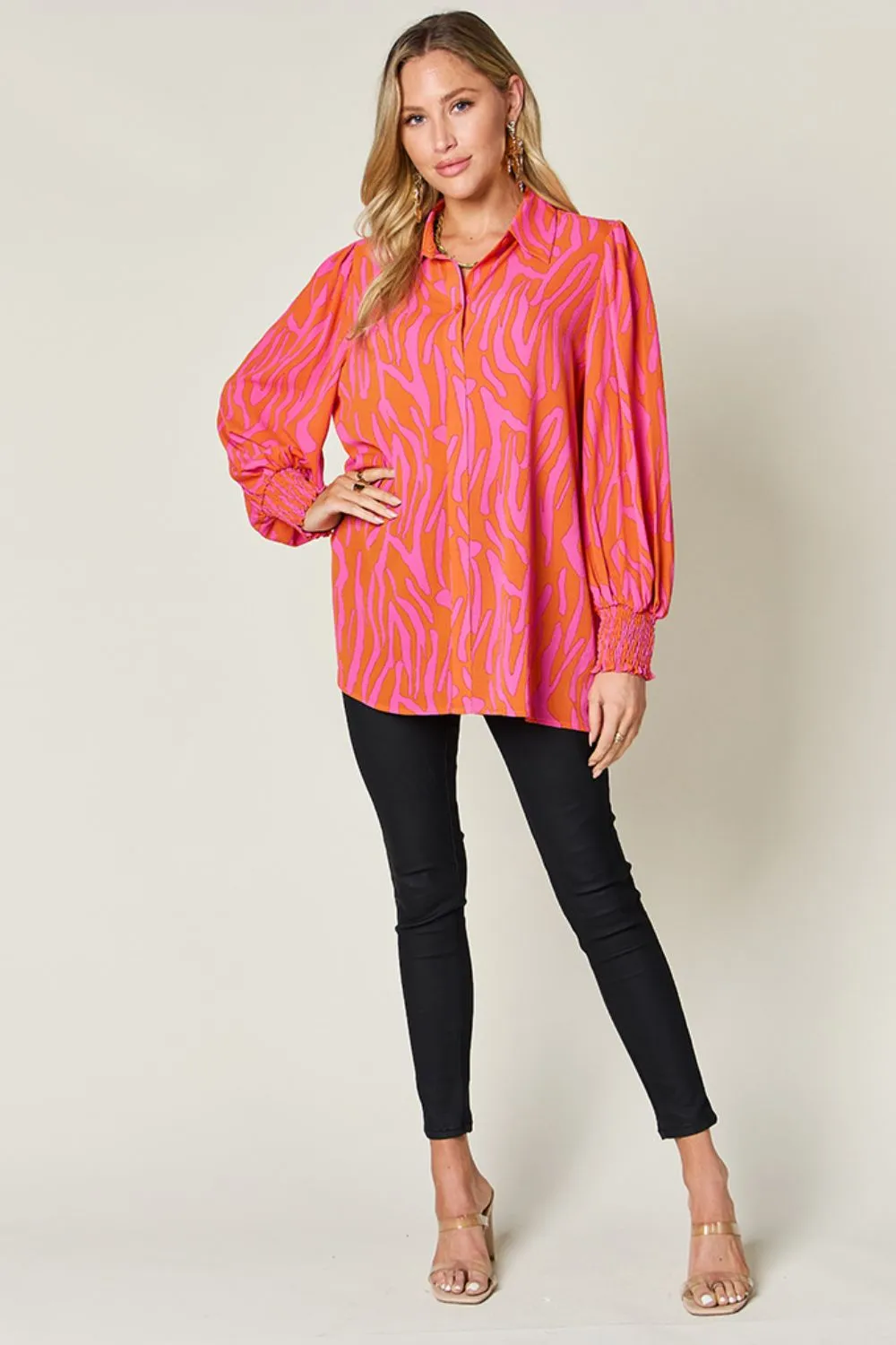 Full Size Printed Smocked Long Sleeve Blouse