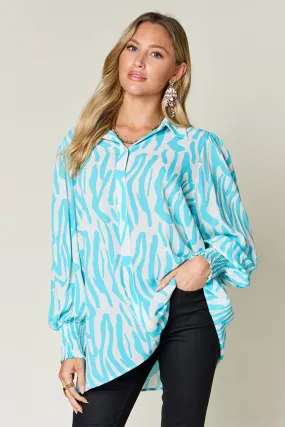 Full Size Printed Smocked Long Sleeve Blouse