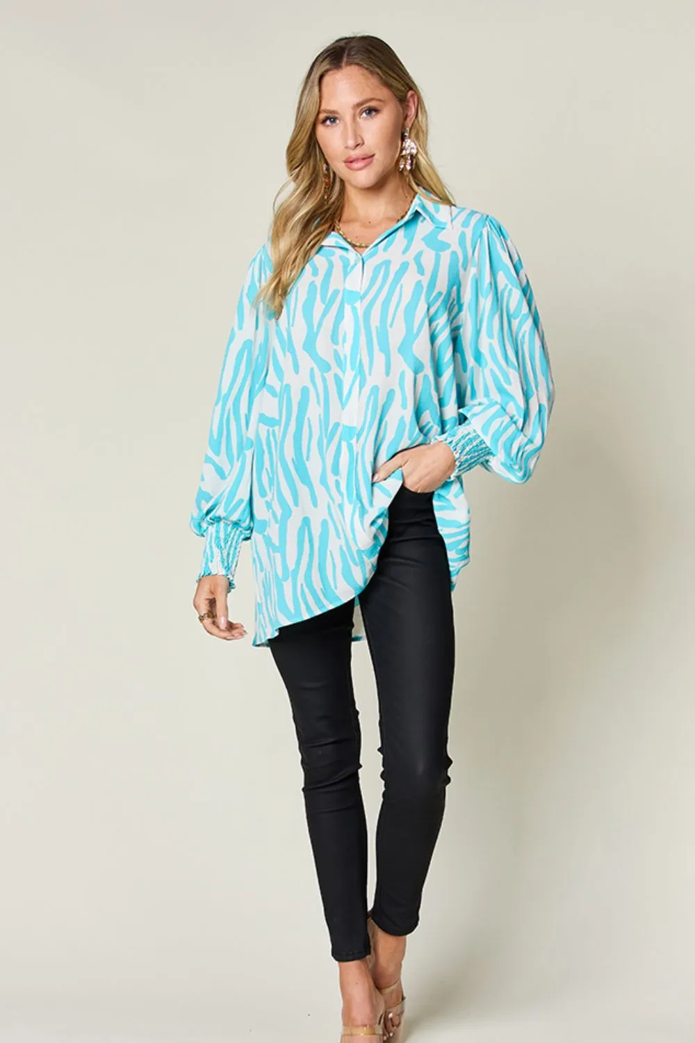 Full Size Printed Smocked Long Sleeve Blouse