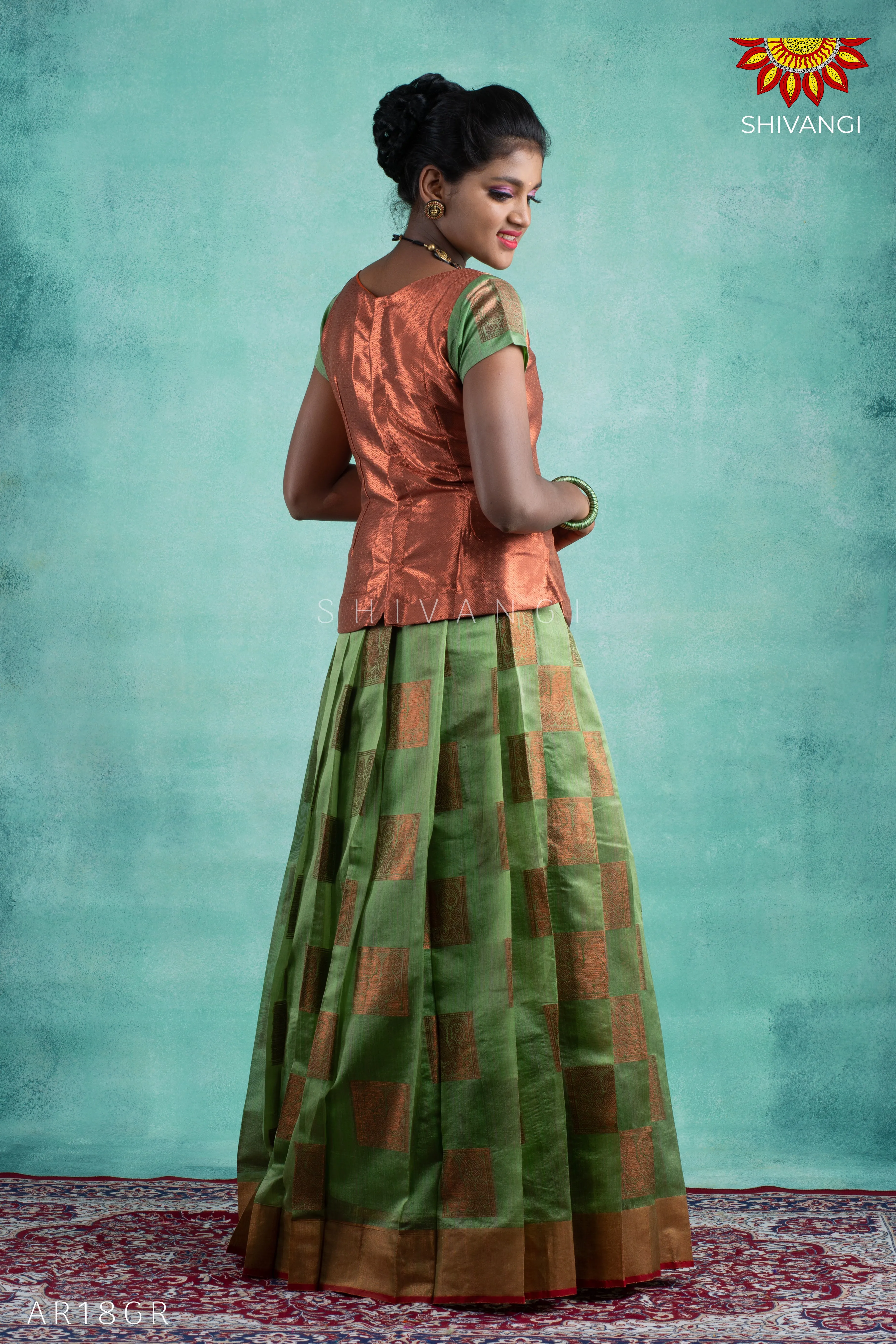 Girls Green Copper Peacock Pattu Pavadai