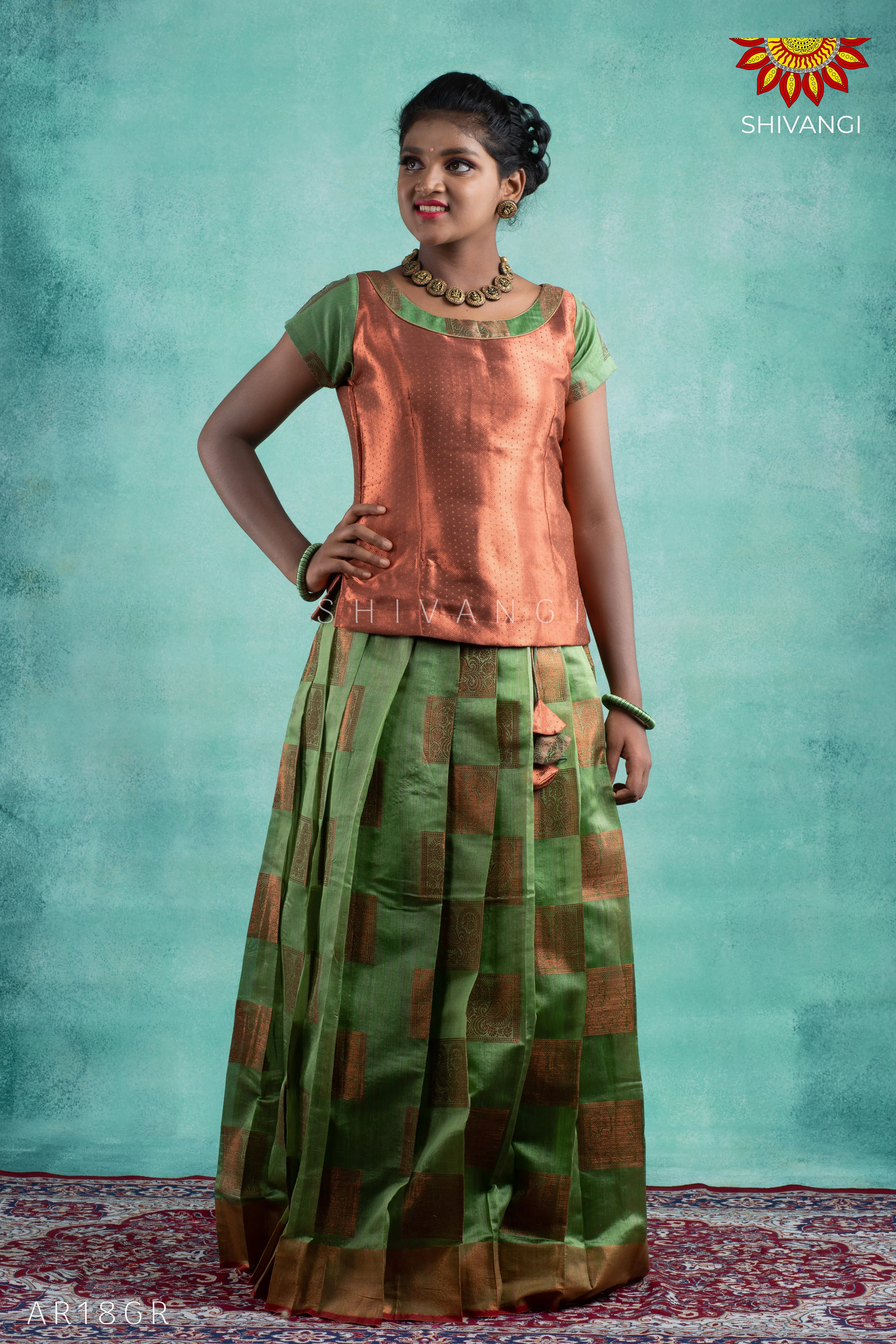 Girls Green Copper Peacock Pattu Pavadai