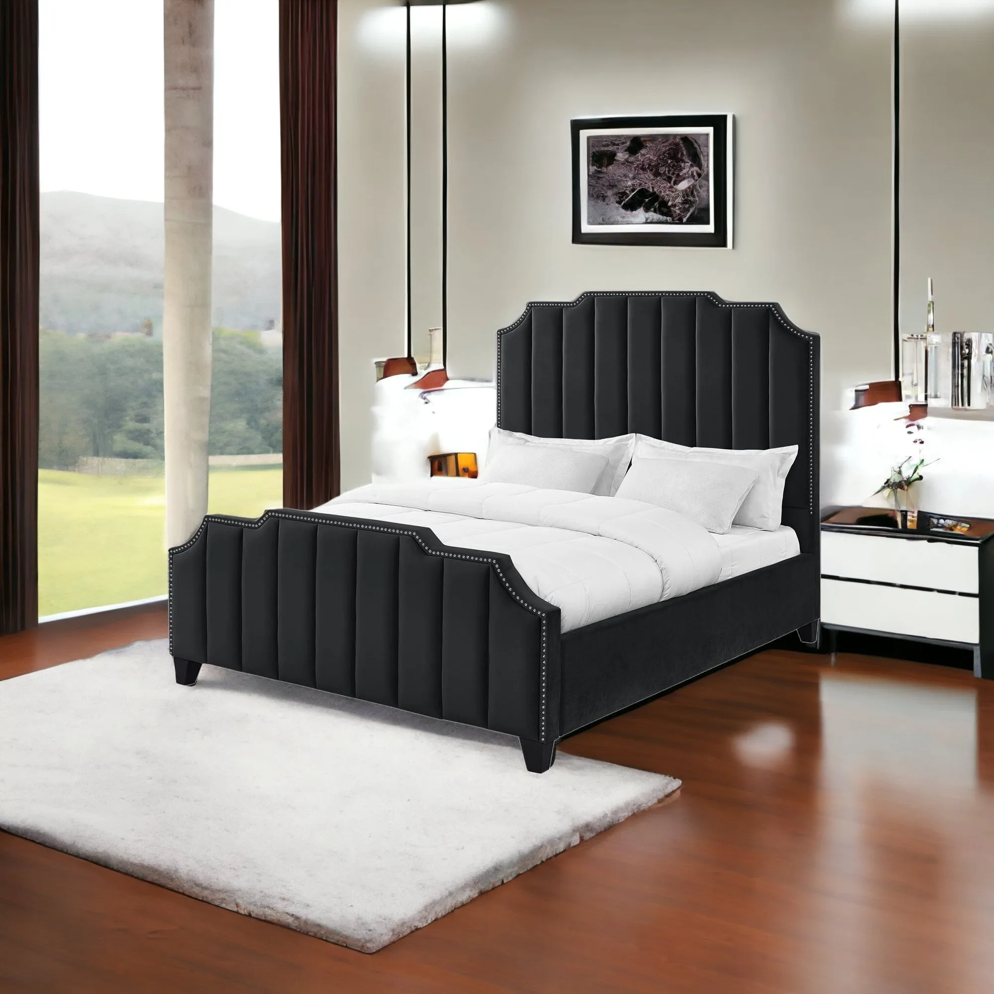 Gray Solid Wood Queen Tufted Upholstered Velvet Bed with Nailhead Trim