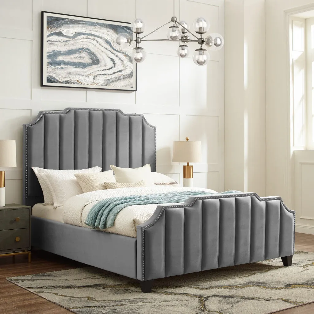 Gray Solid Wood Queen Tufted Upholstered Velvet Bed with Nailhead Trim