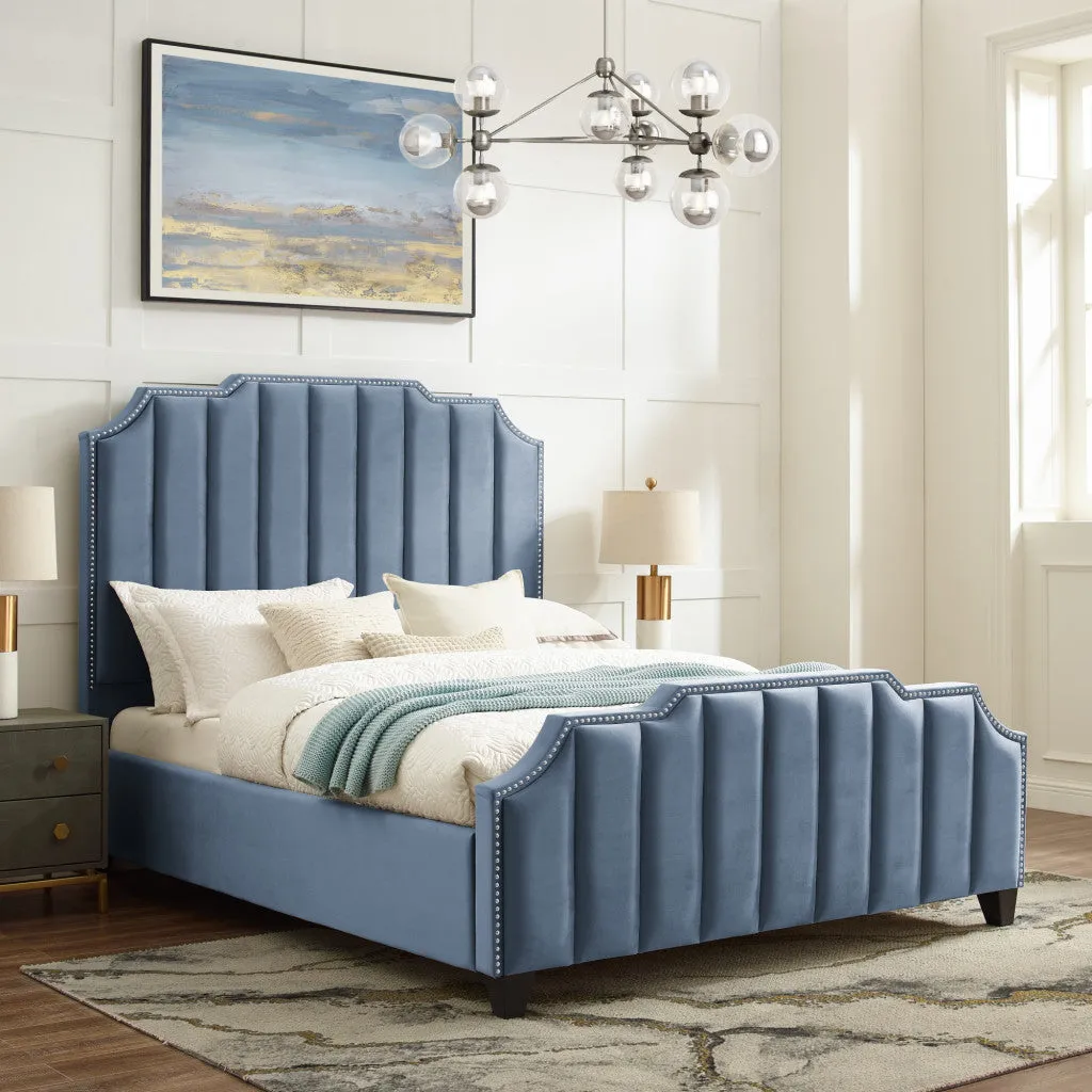 Gray Solid Wood Queen Tufted Upholstered Velvet Bed with Nailhead Trim