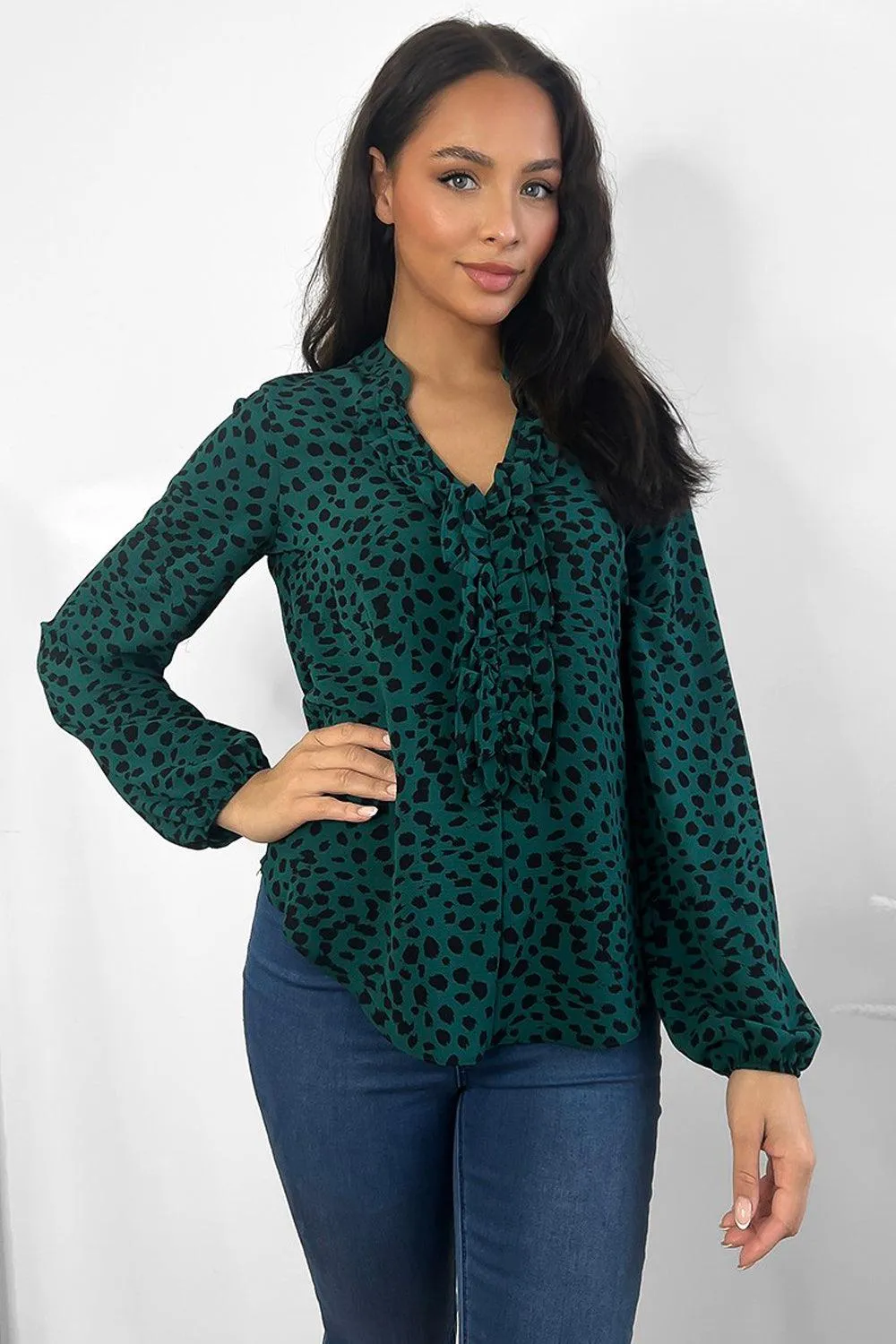 Green Black Leopard Print Frilled Neckline Blouse