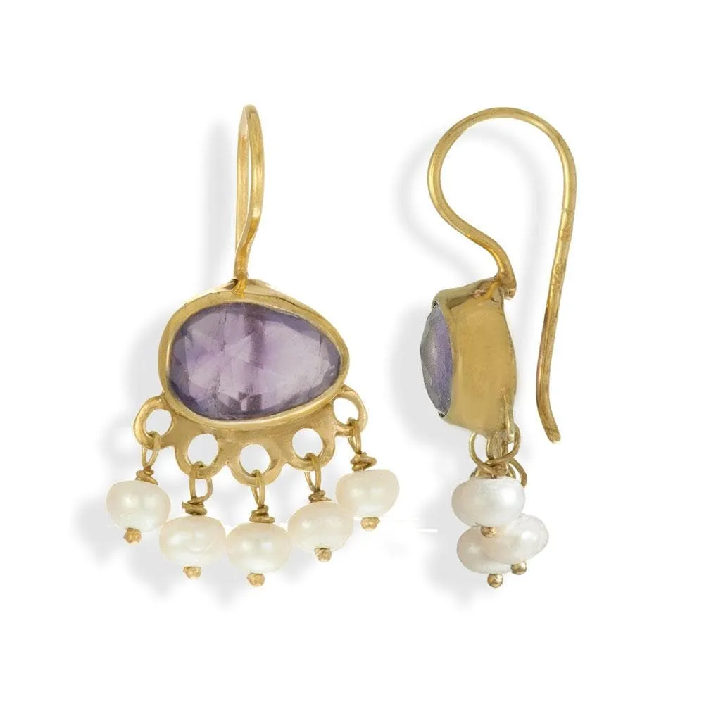 Handmade Gold Plated Silver Drop Earrings With Amethyst Stones & Pearls