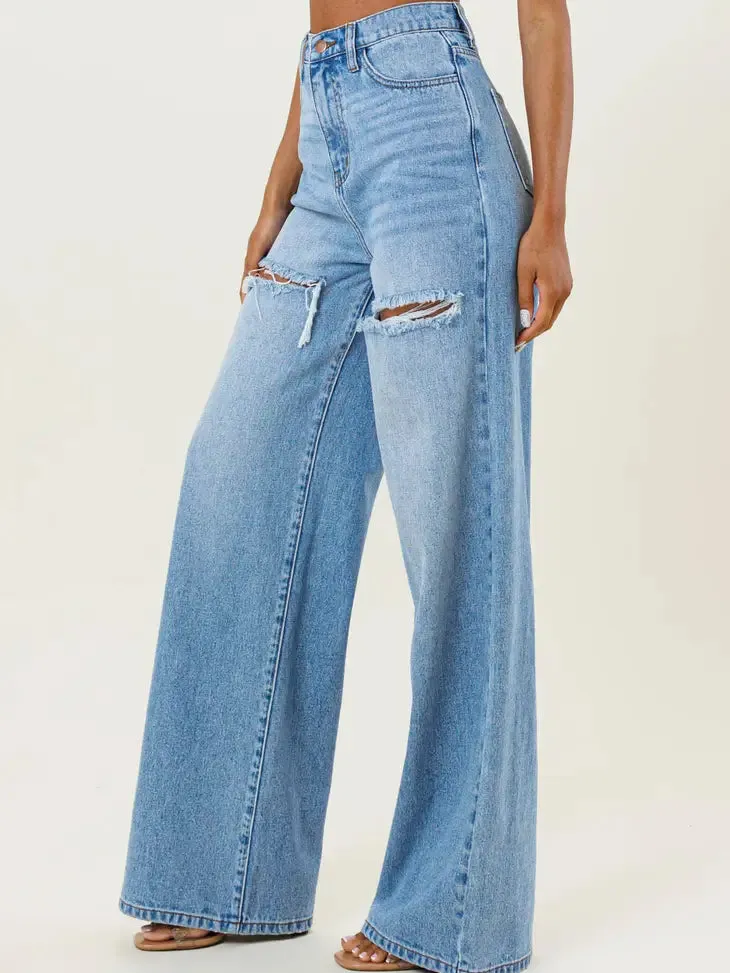 High Waist Distressed Wide Flood Denim Jeans