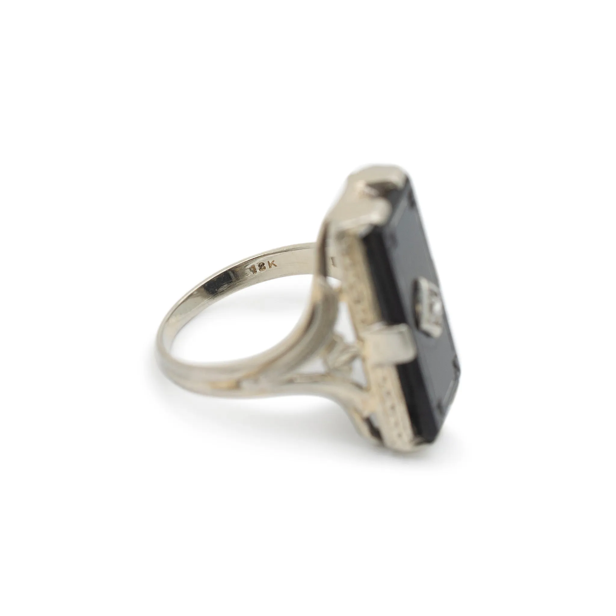 Ladies Antique 18K White Gold Black Onyx Diamond Cocktail Ring