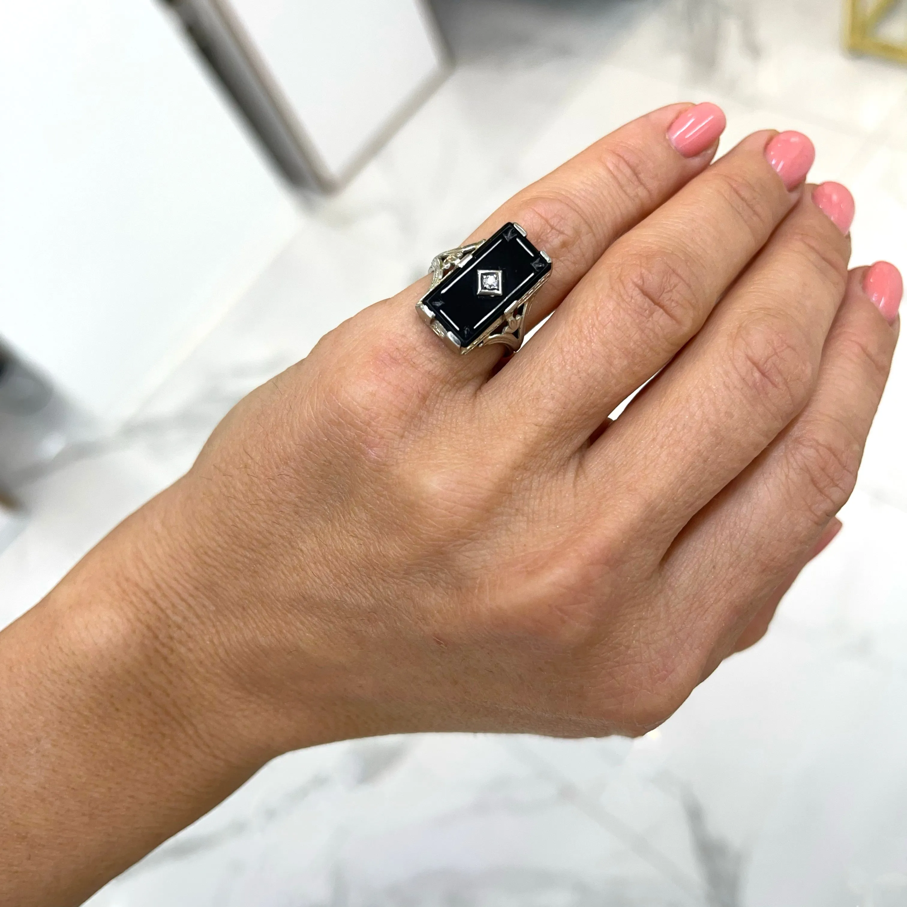 Ladies Antique 18K White Gold Black Onyx Diamond Cocktail Ring