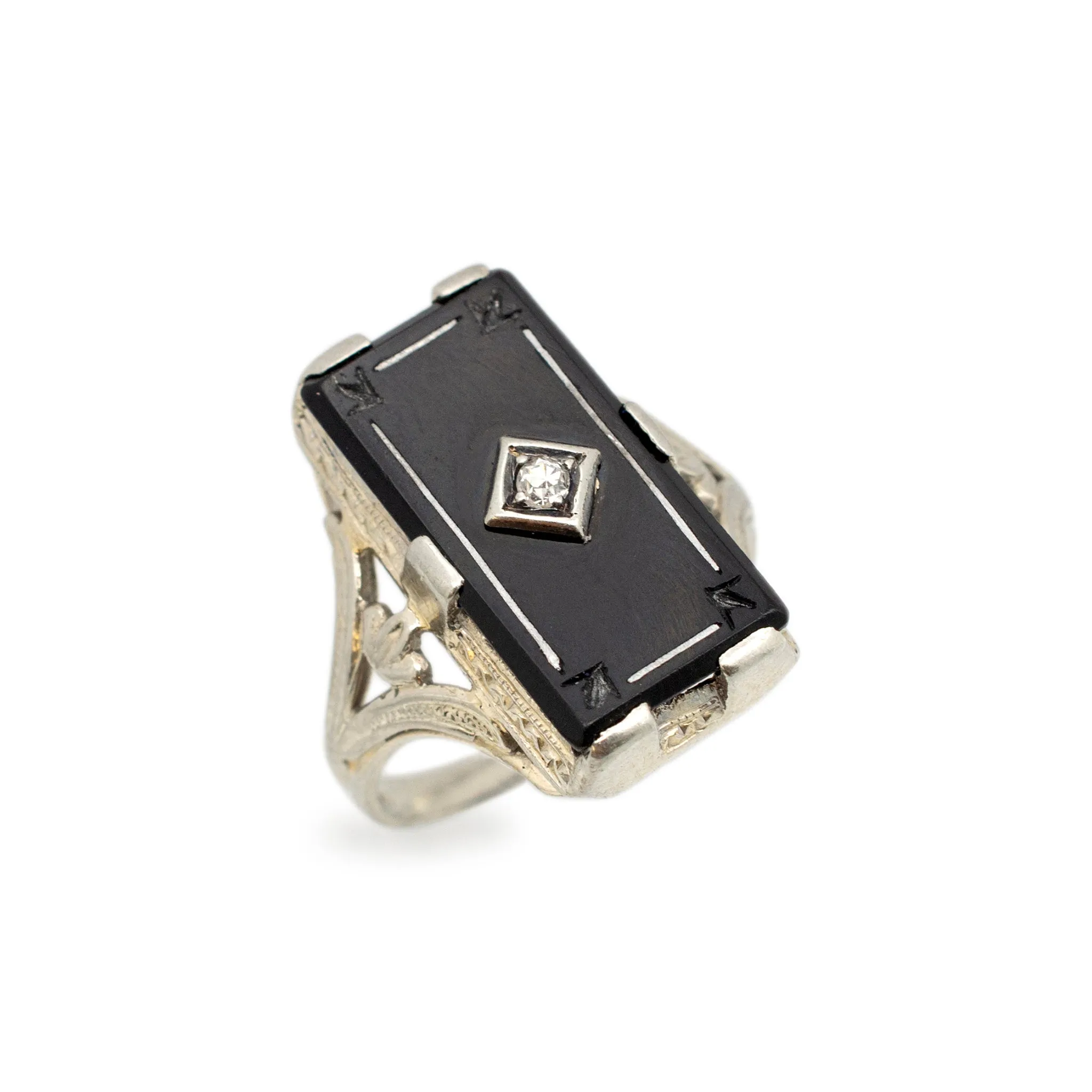 Ladies Antique 18K White Gold Black Onyx Diamond Cocktail Ring