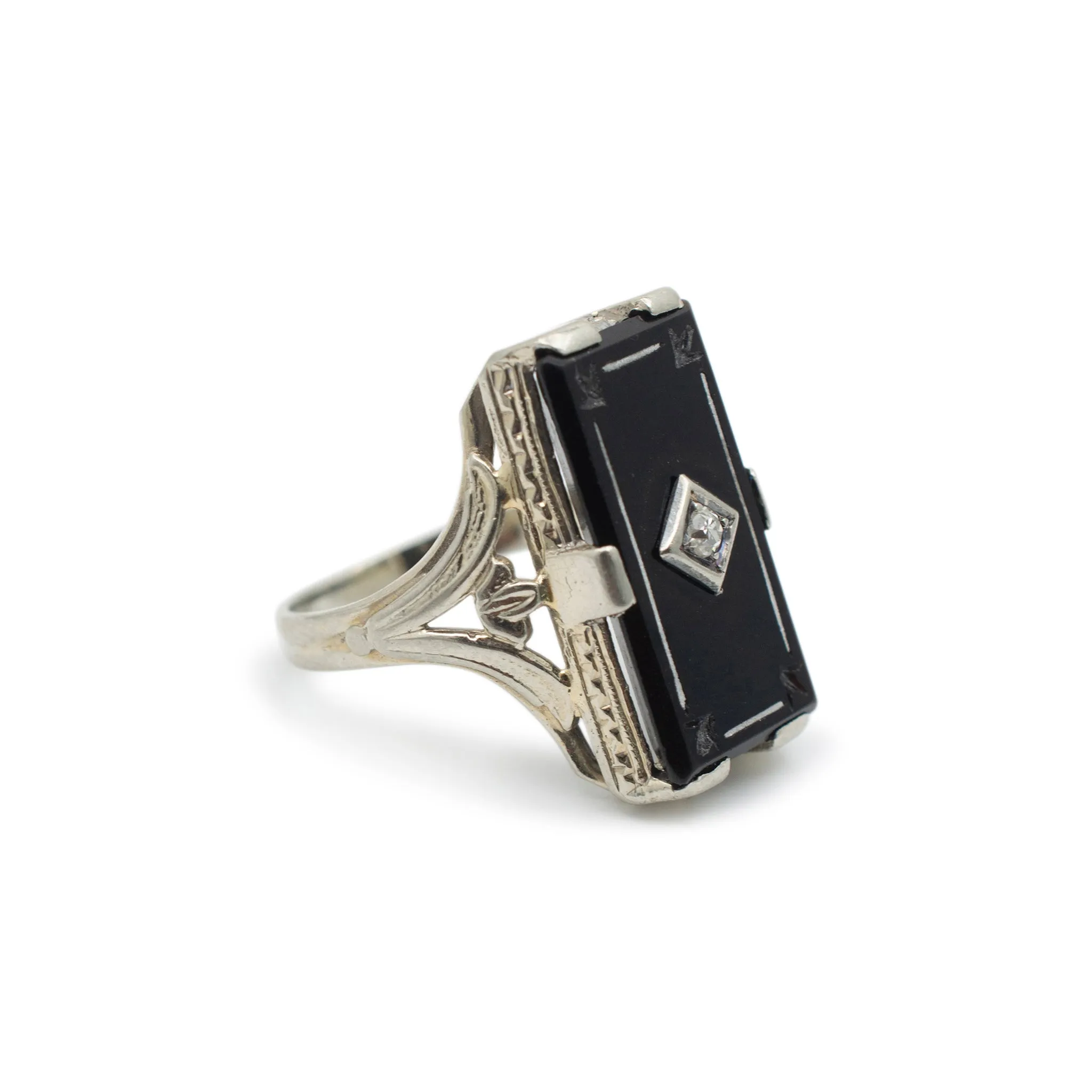 Ladies Antique 18K White Gold Black Onyx Diamond Cocktail Ring