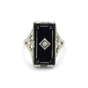 Ladies Antique 18K White Gold Black Onyx Diamond Cocktail Ring