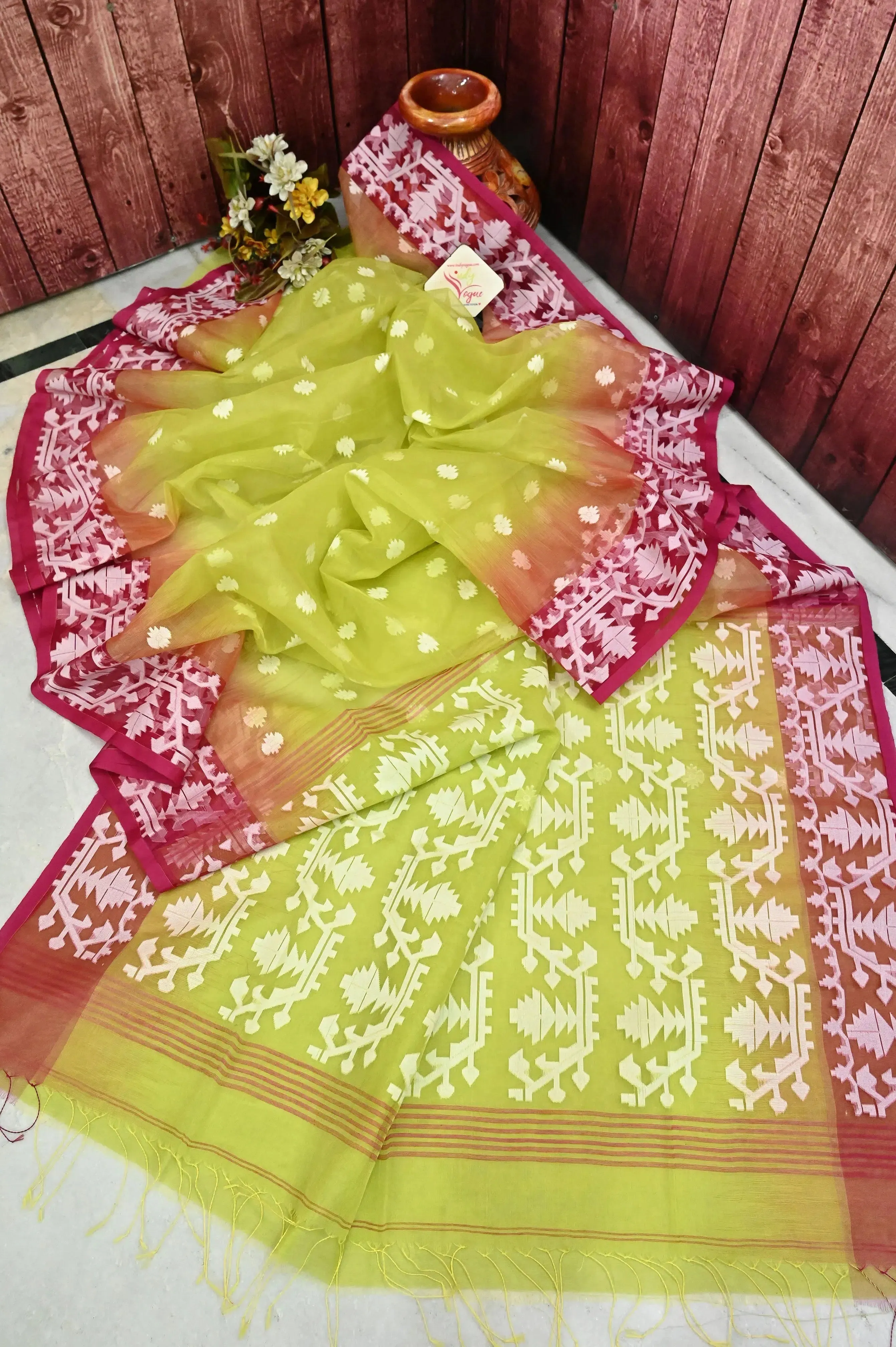 lemon Green Color Muslin Jamdani Saree with Ikat Style Jamdani Weaving