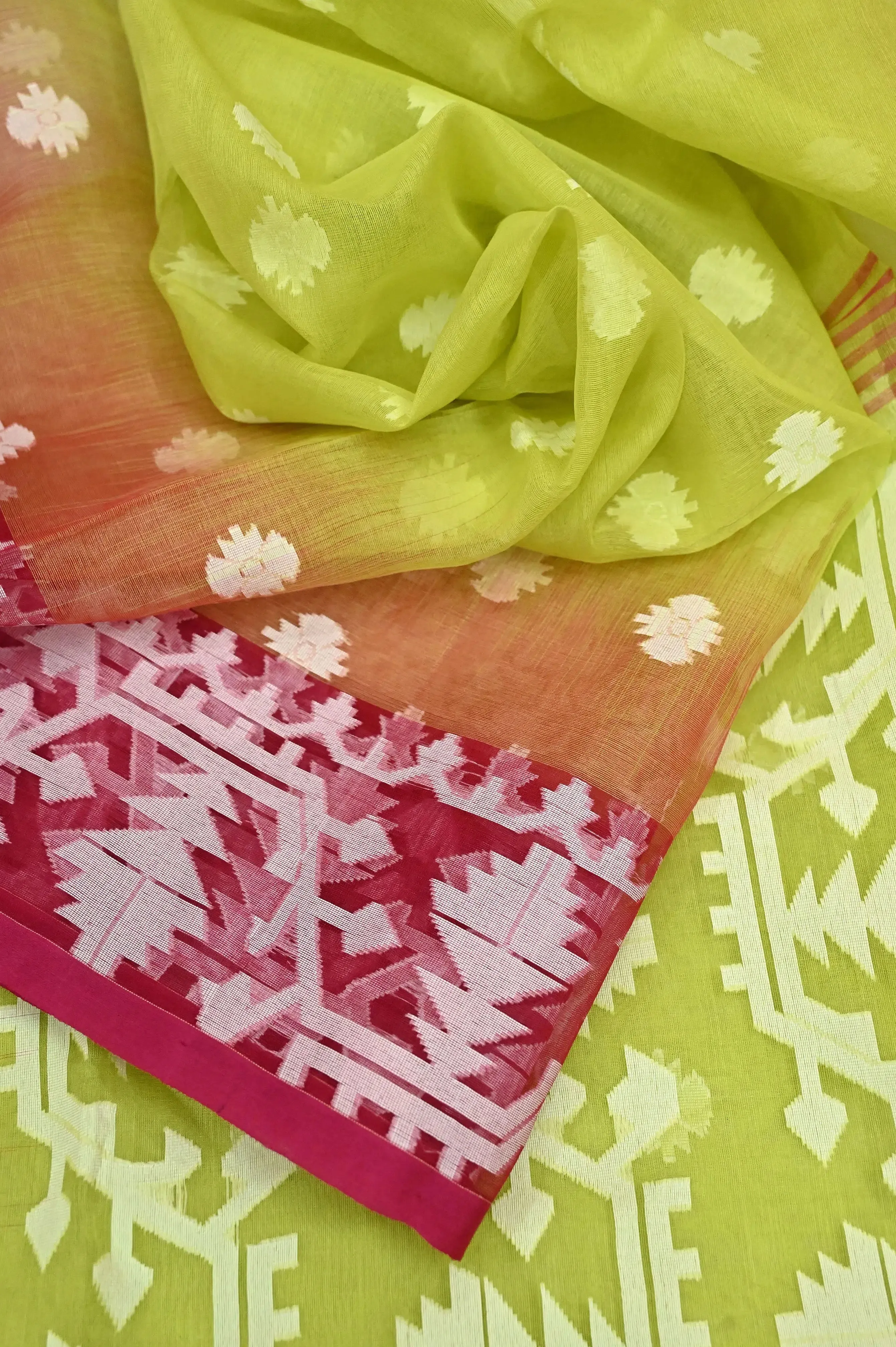 lemon Green Color Muslin Jamdani Saree with Ikat Style Jamdani Weaving