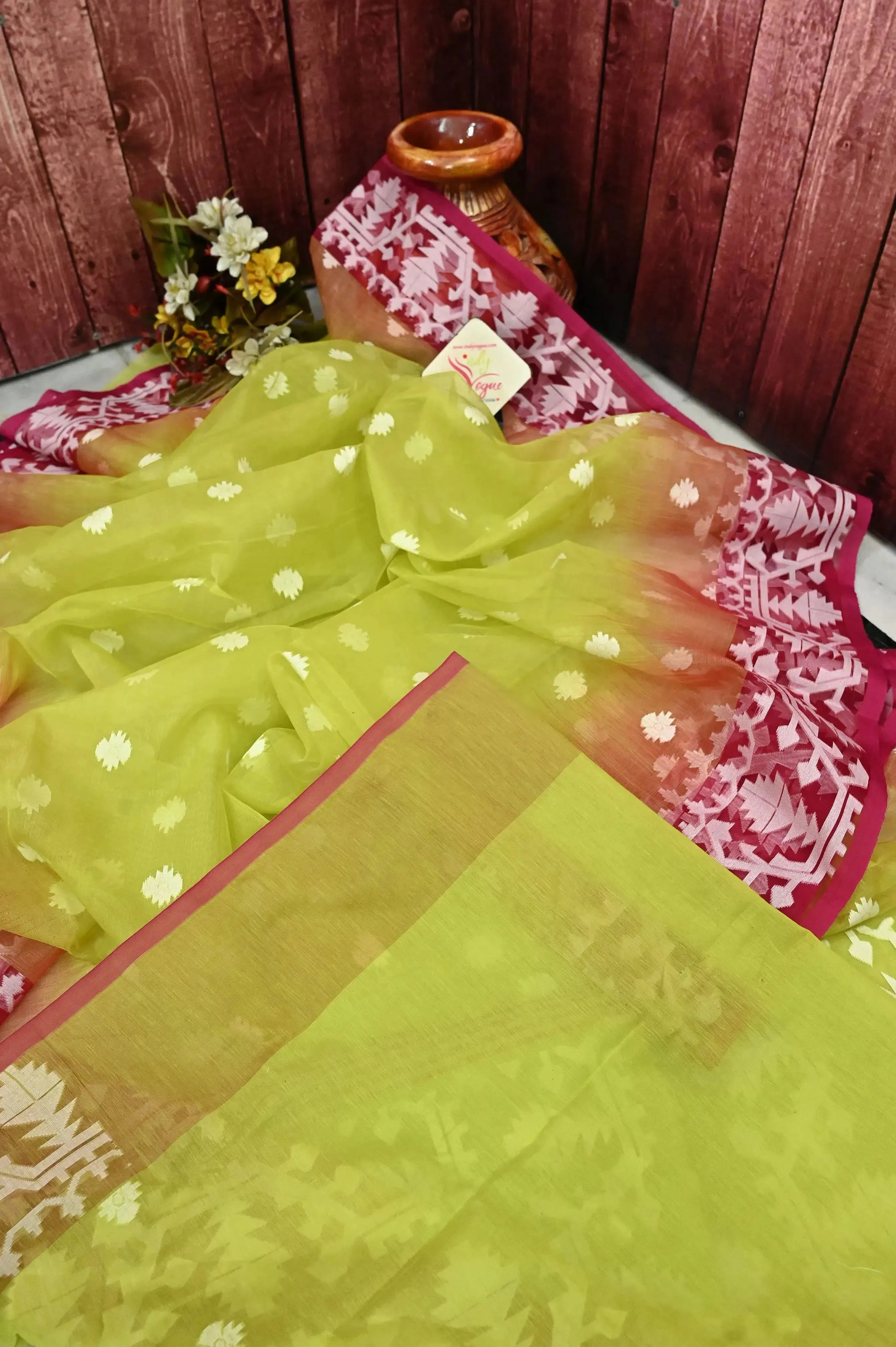 lemon Green Color Muslin Jamdani Saree with Ikat Style Jamdani Weaving