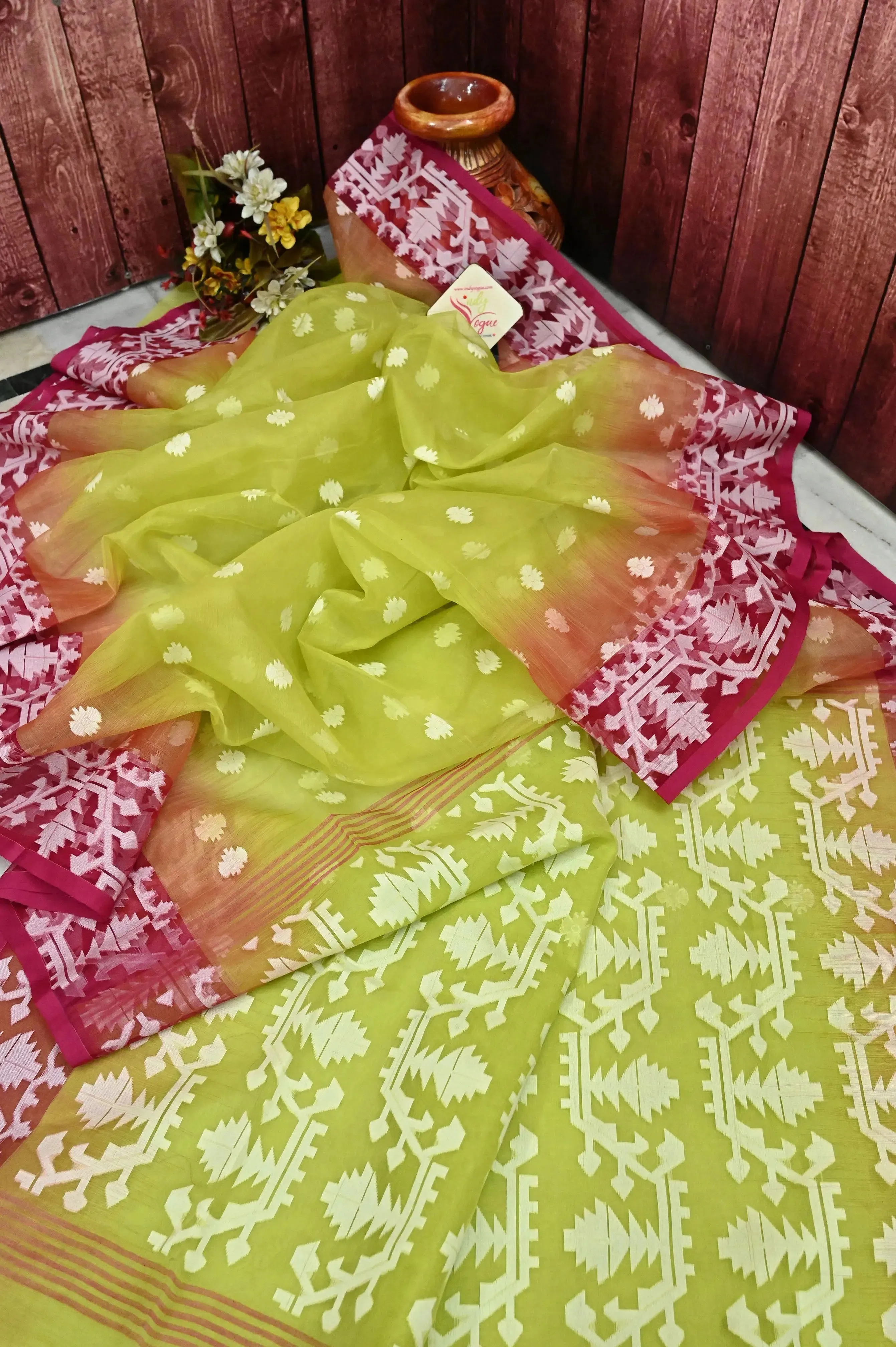 lemon Green Color Muslin Jamdani Saree with Ikat Style Jamdani Weaving