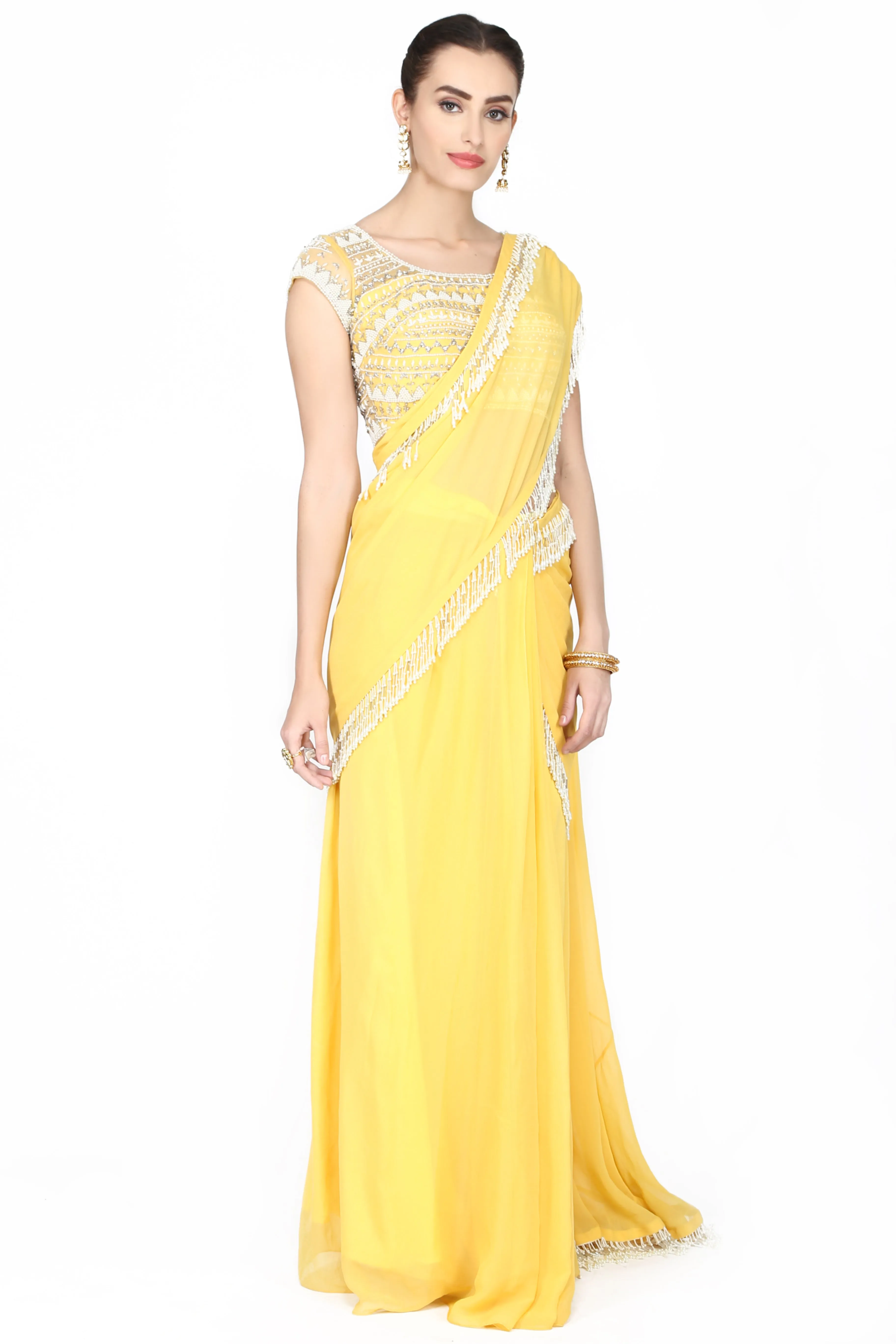 Lemon yellow drape saree.