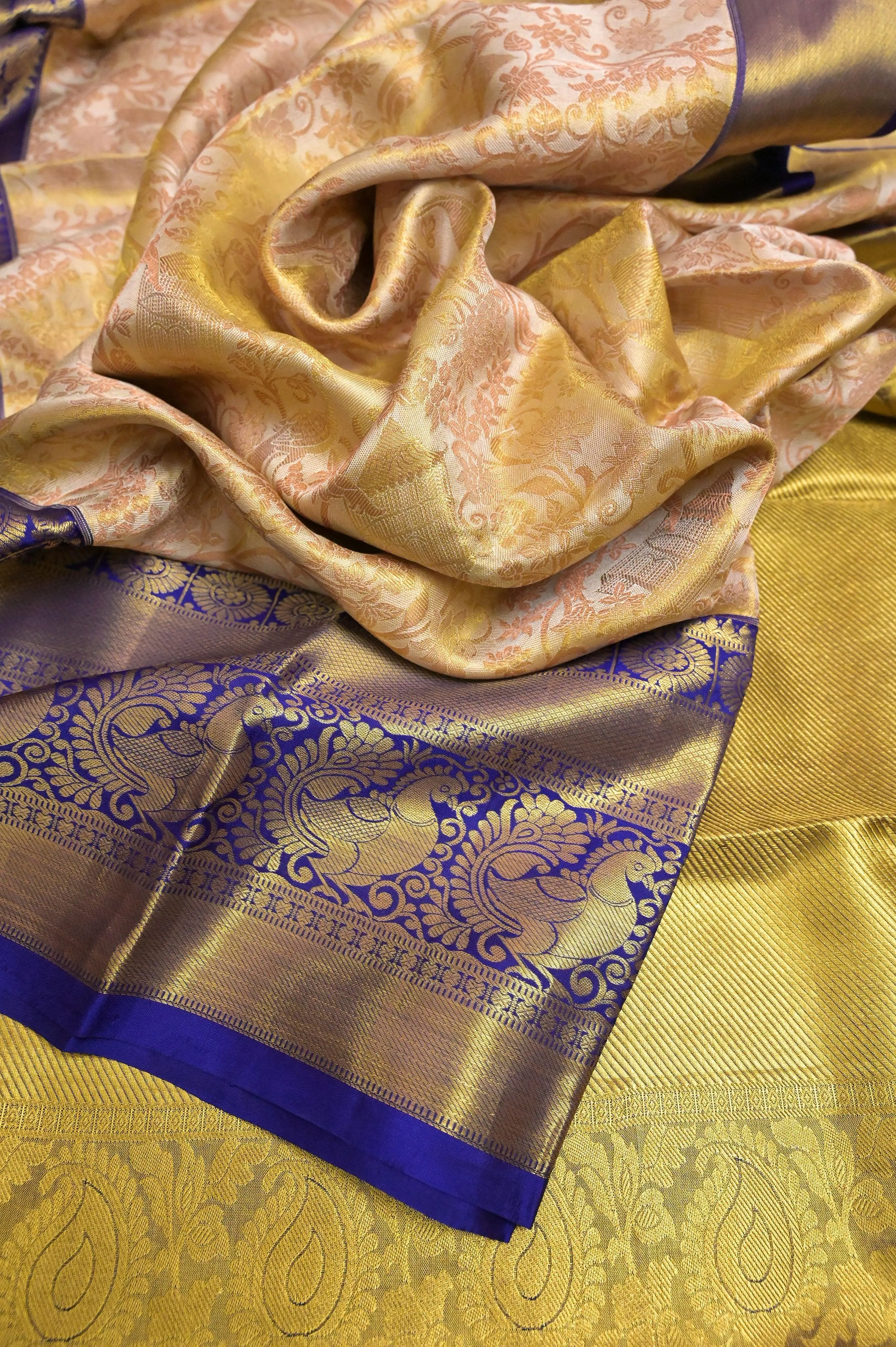 Light Golden and Blue Color Pure Brocade Kanjeevaram Silk Saree with Broad Border