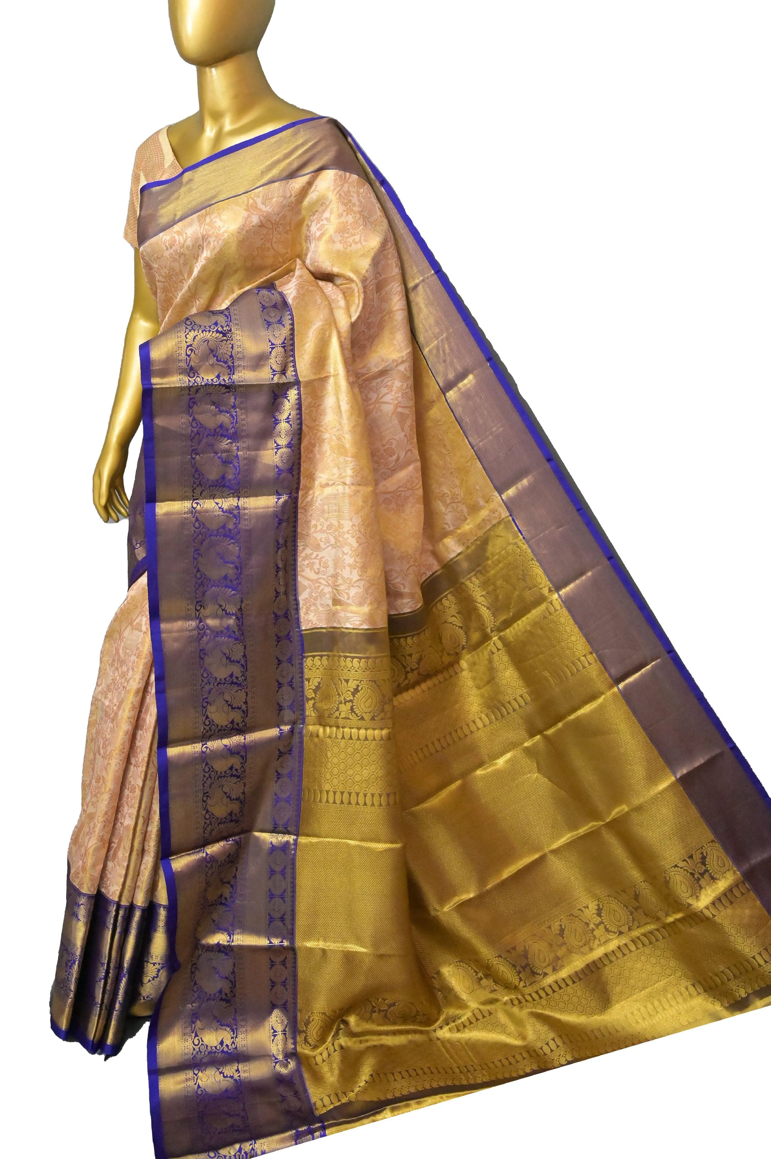 Light Golden and Blue Color Pure Brocade Kanjeevaram Silk Saree with Broad Border