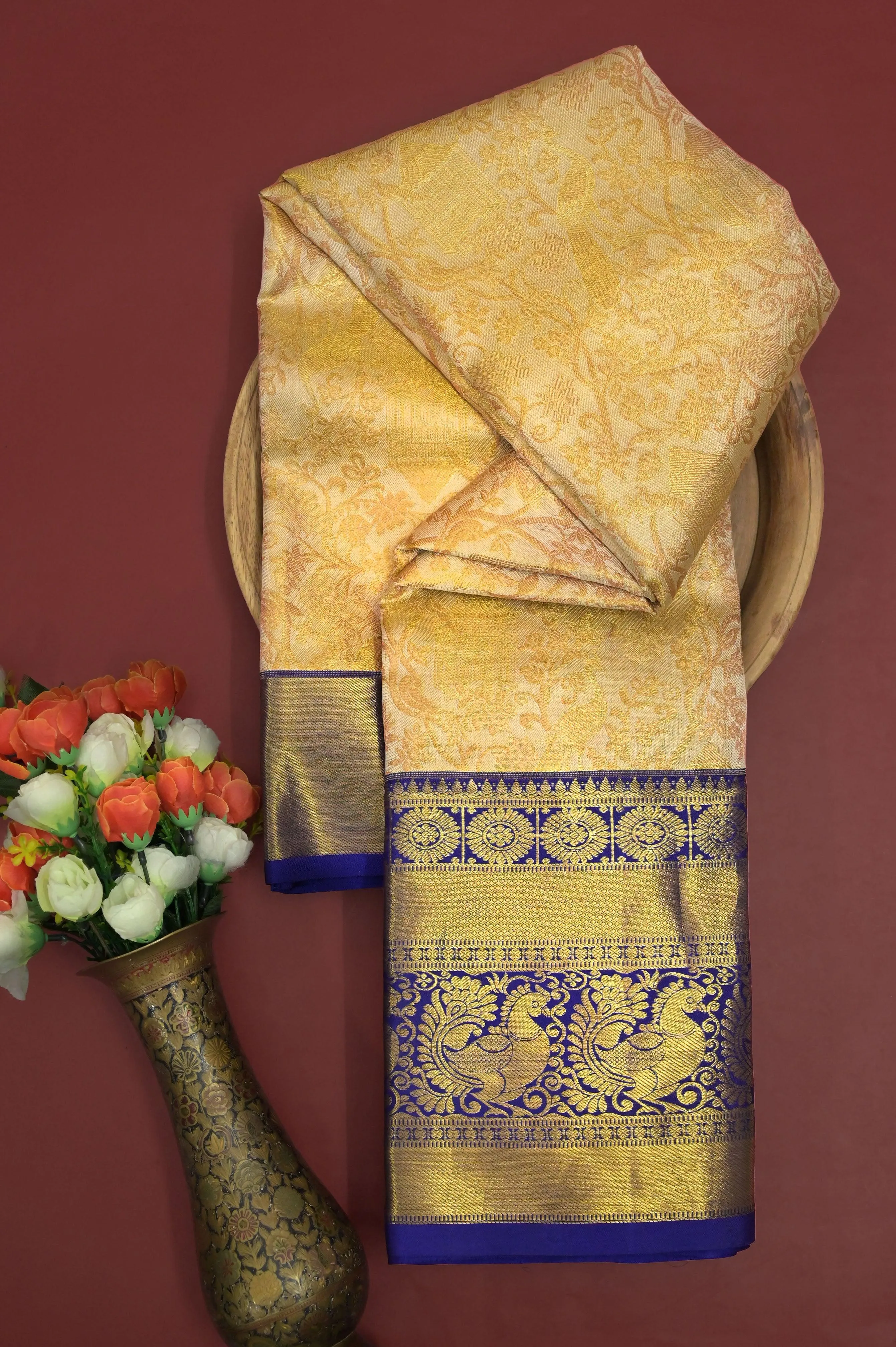 Light Golden and Blue Color Pure Brocade Kanjeevaram Silk Saree with Broad Border