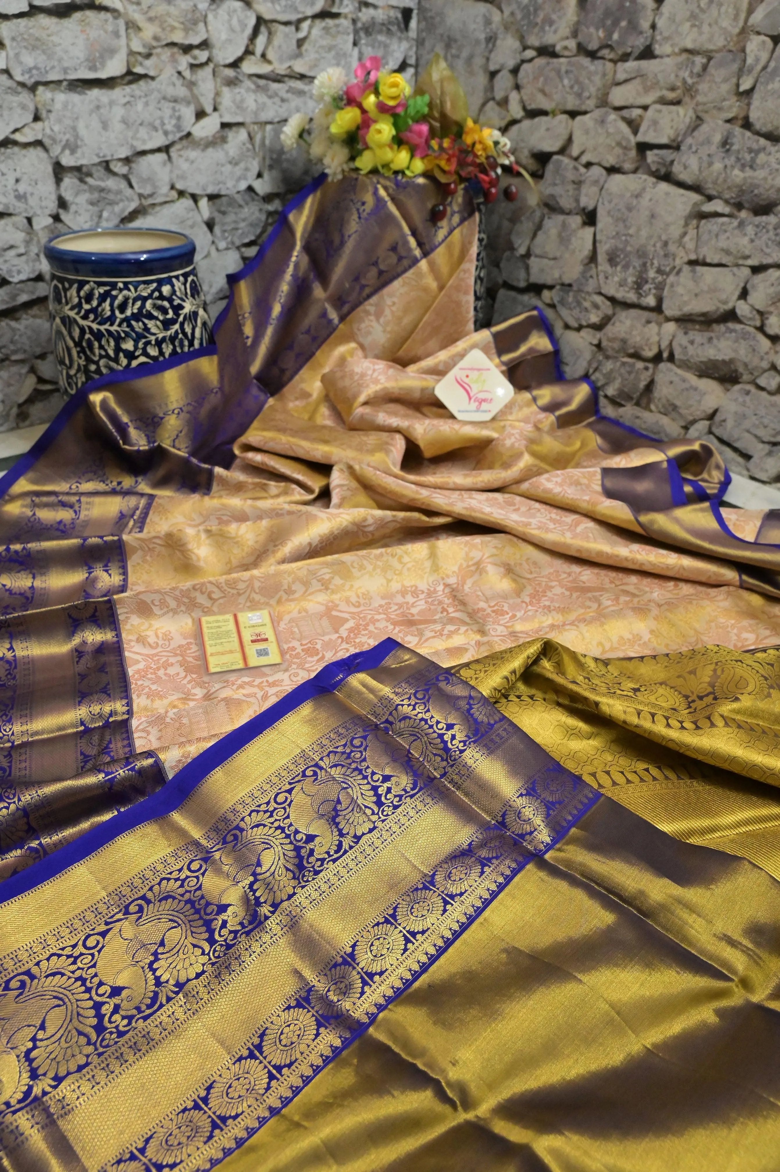 Light Golden and Blue Color Pure Brocade Kanjeevaram Silk Saree with Broad Border