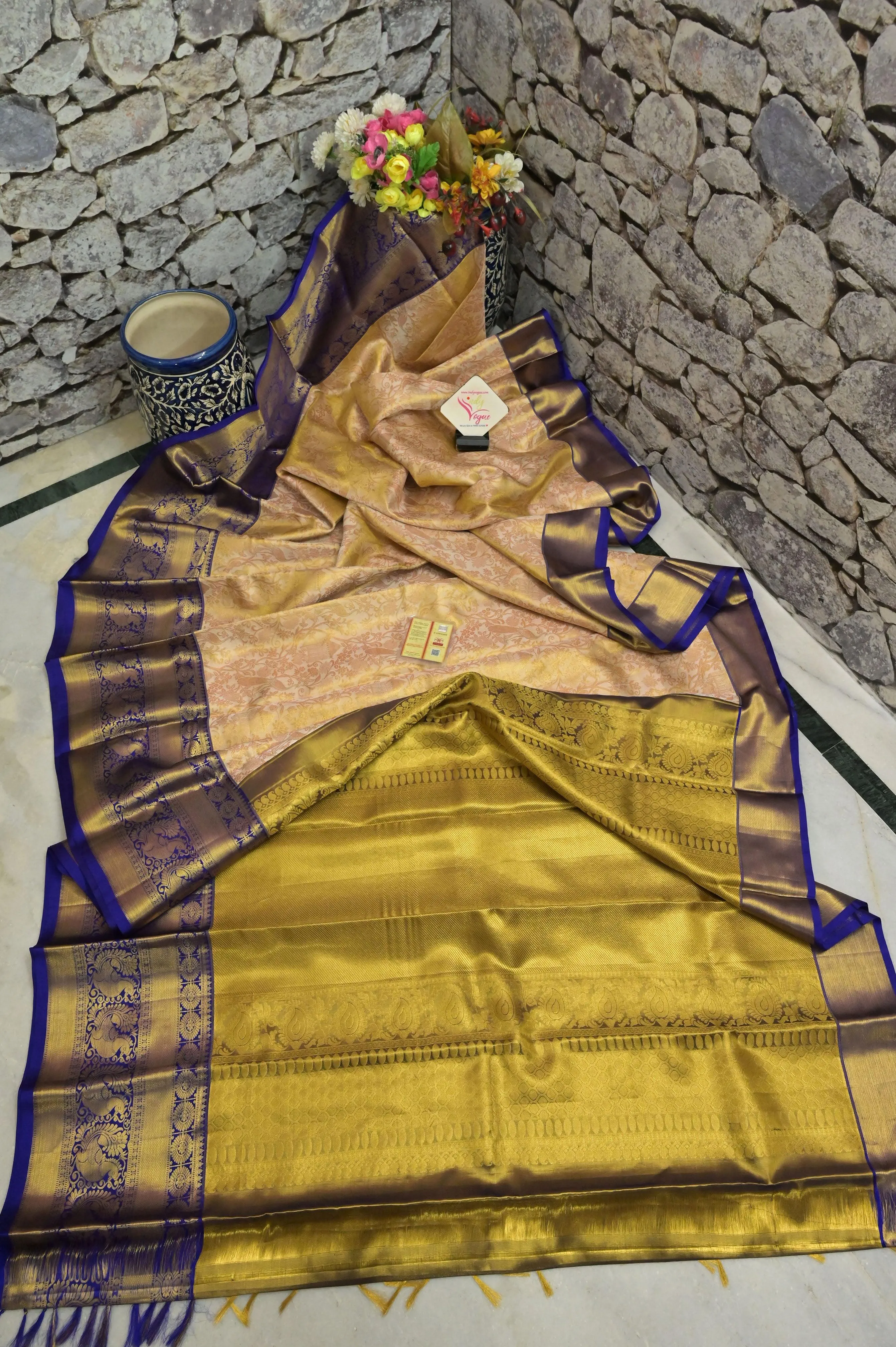 Light Golden and Blue Color Pure Brocade Kanjeevaram Silk Saree with Broad Border