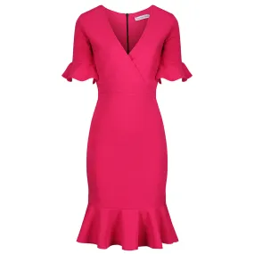 Magenta 1/2 Sleeve Fishtail Peplum Hem V Neck Bodycon Pencil Dress