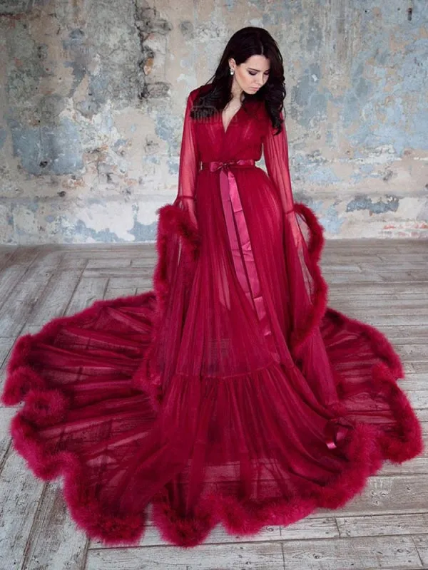 Maternity Wedding Dress Burgundy V-Neck Long Sleeves Tulle Long Bridge Gowns With Train