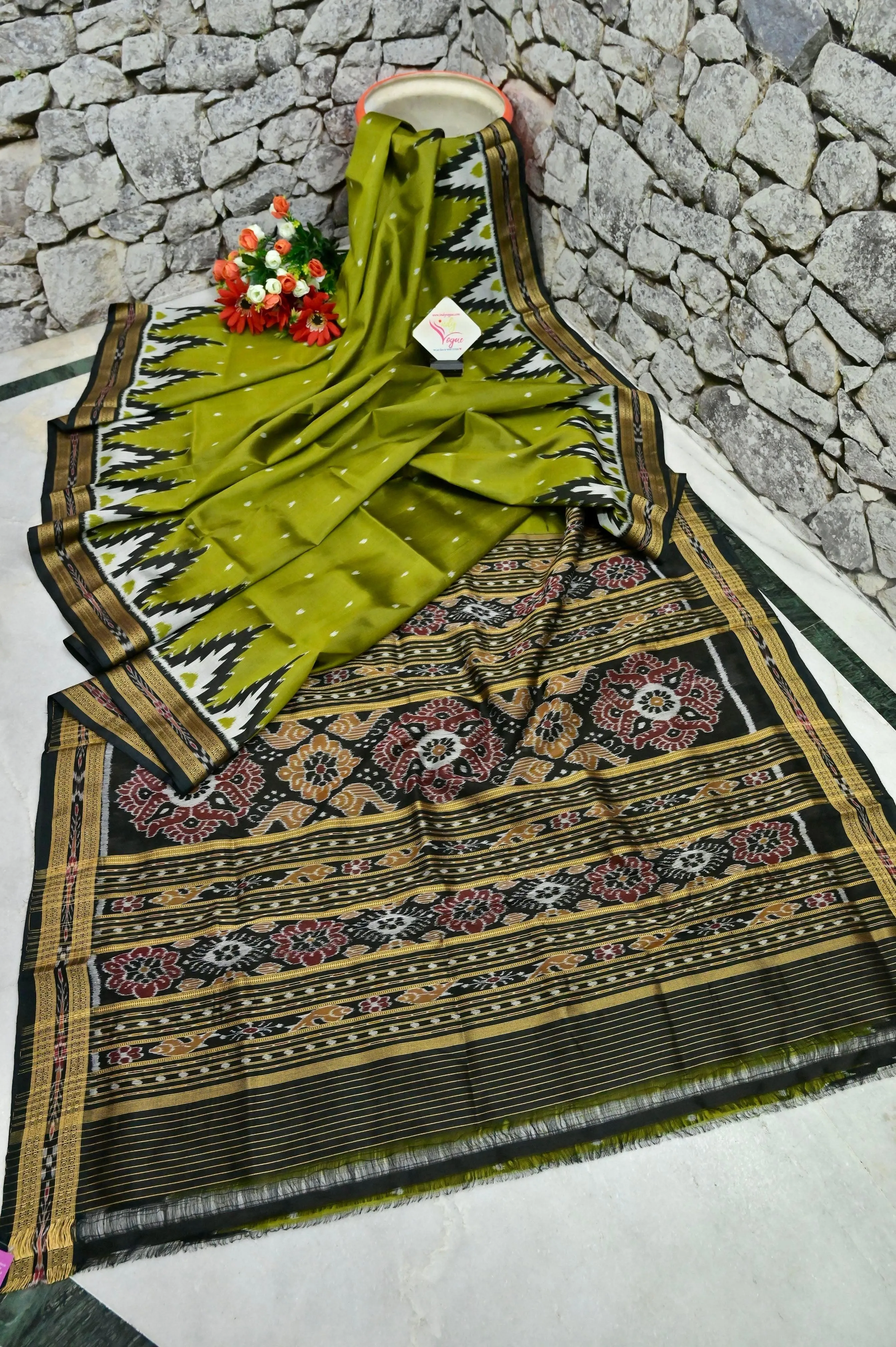 Mehendi Green Color Sambalpuri Silk Saree with Temple Border and Buti Work