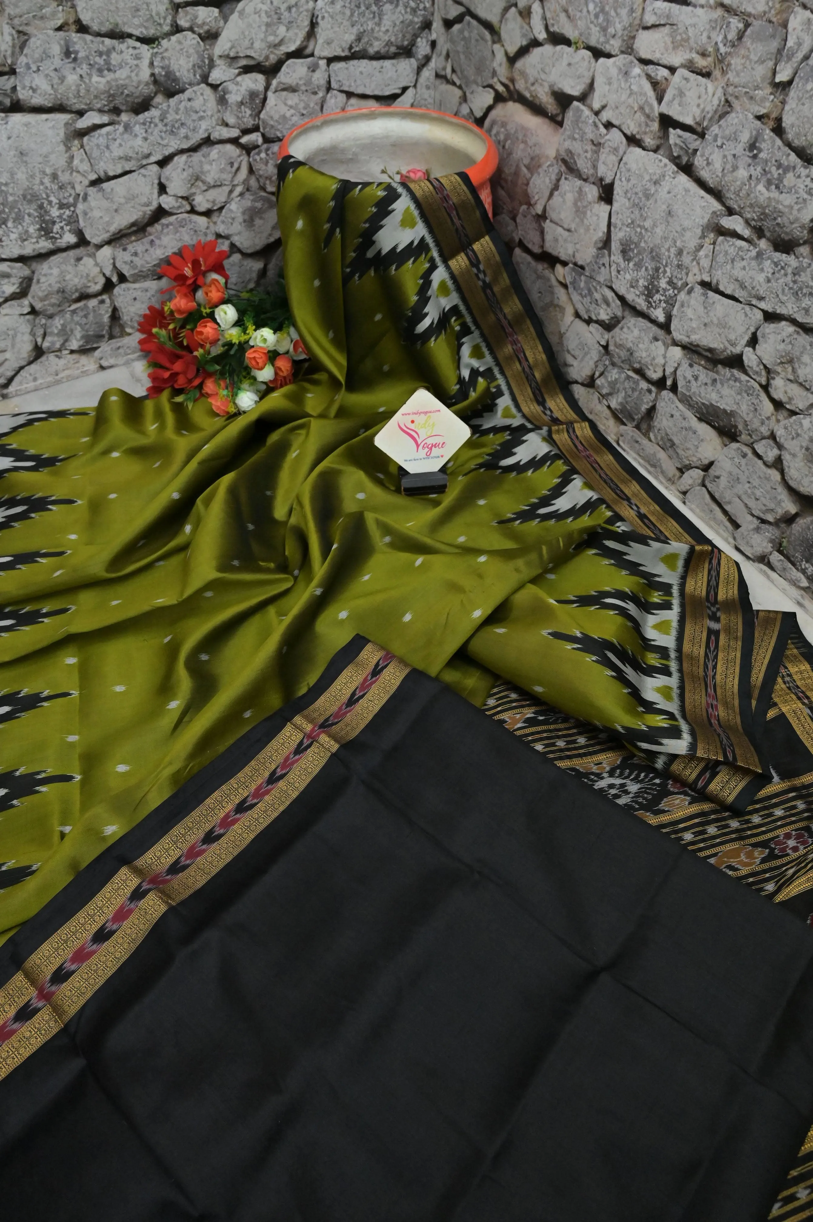 Mehendi Green Color Sambalpuri Silk Saree with Temple Border and Buti Work