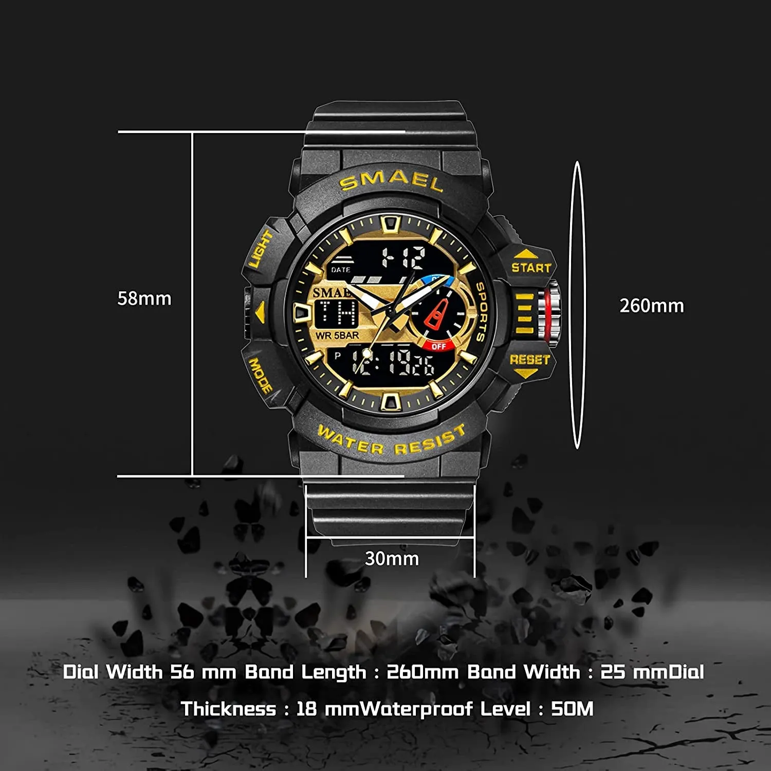 Military Watch for Men 50M Waterproof Clocks Luminous Hands Digital Wristwatches Black Gold Rubber Bracelet Sport Watches