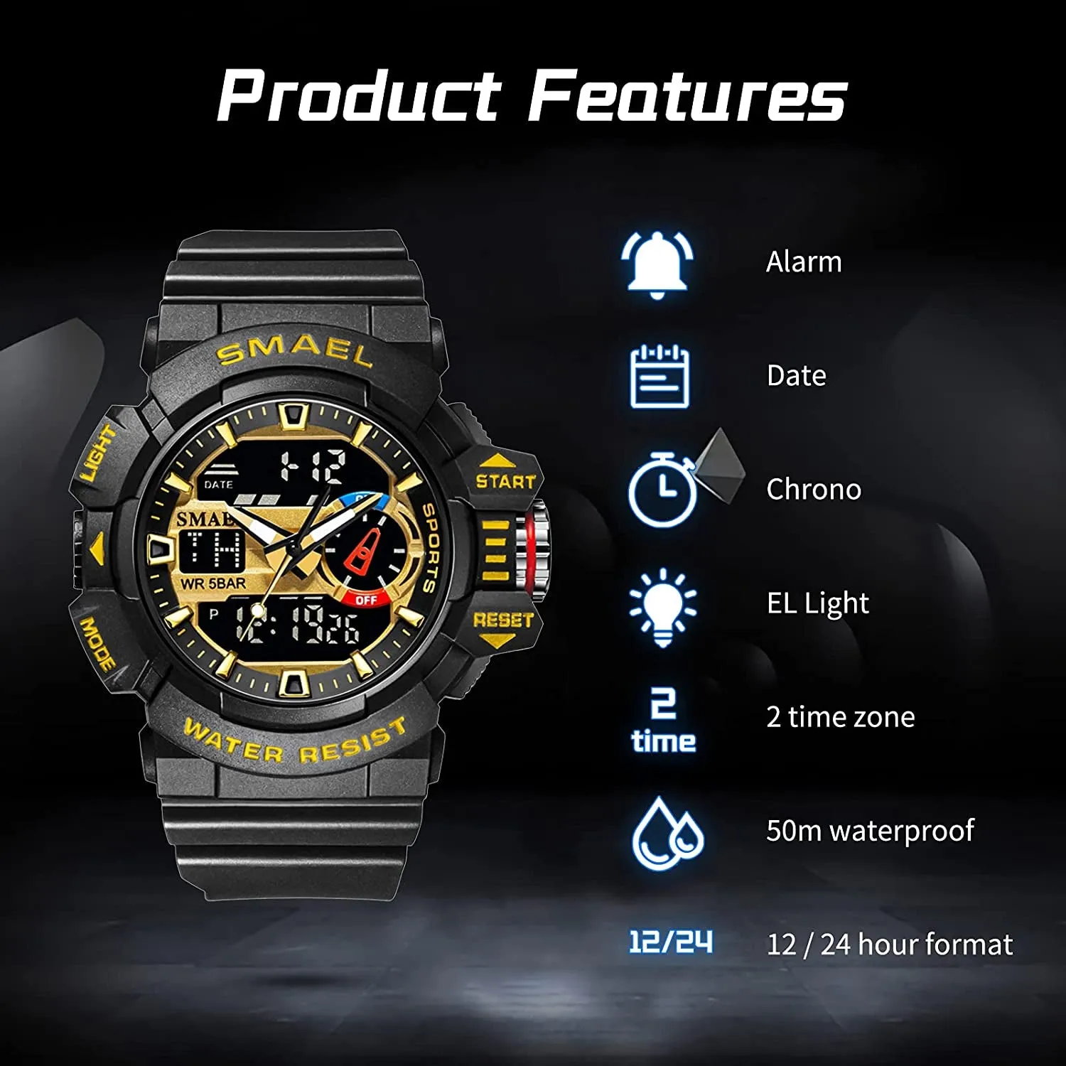 Military Watch for Men 50M Waterproof Clocks Luminous Hands Digital Wristwatches Black Gold Rubber Bracelet Sport Watches