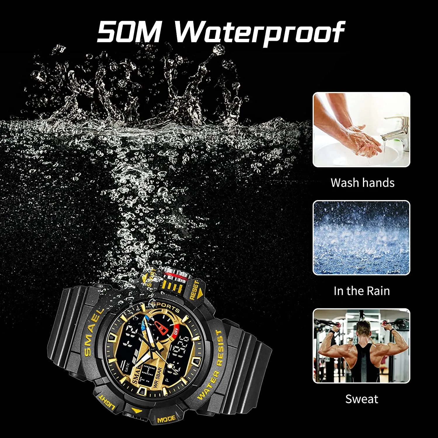 Military Watch for Men 50M Waterproof Clocks Luminous Hands Digital Wristwatches Black Gold Rubber Bracelet Sport Watches