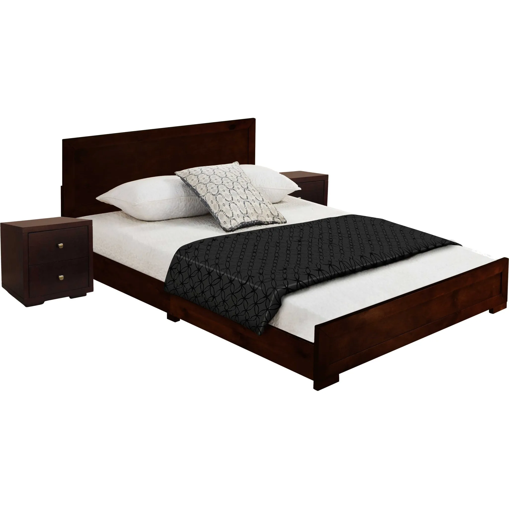 Moma Black Wood Platform Queen Bed With Two Nightstands