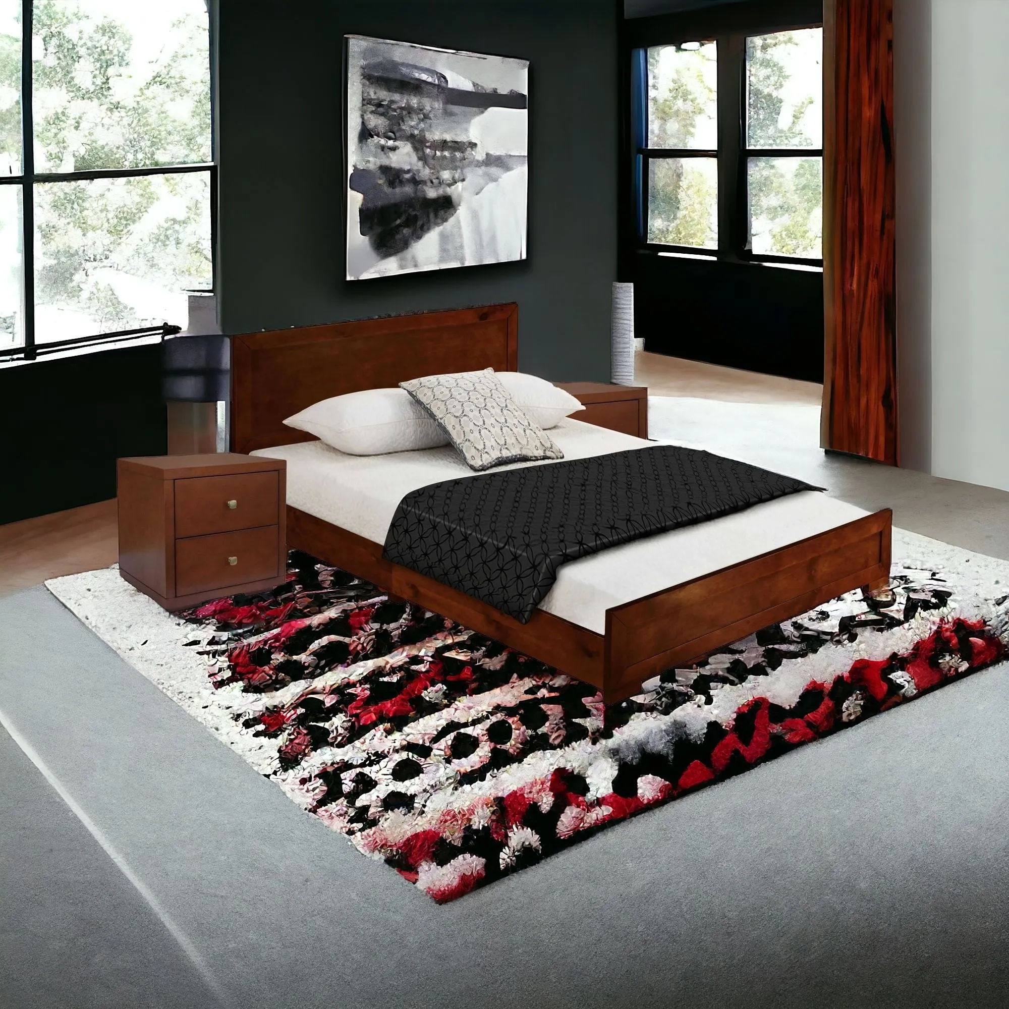 Moma Black Wood Platform Queen Bed With Two Nightstands