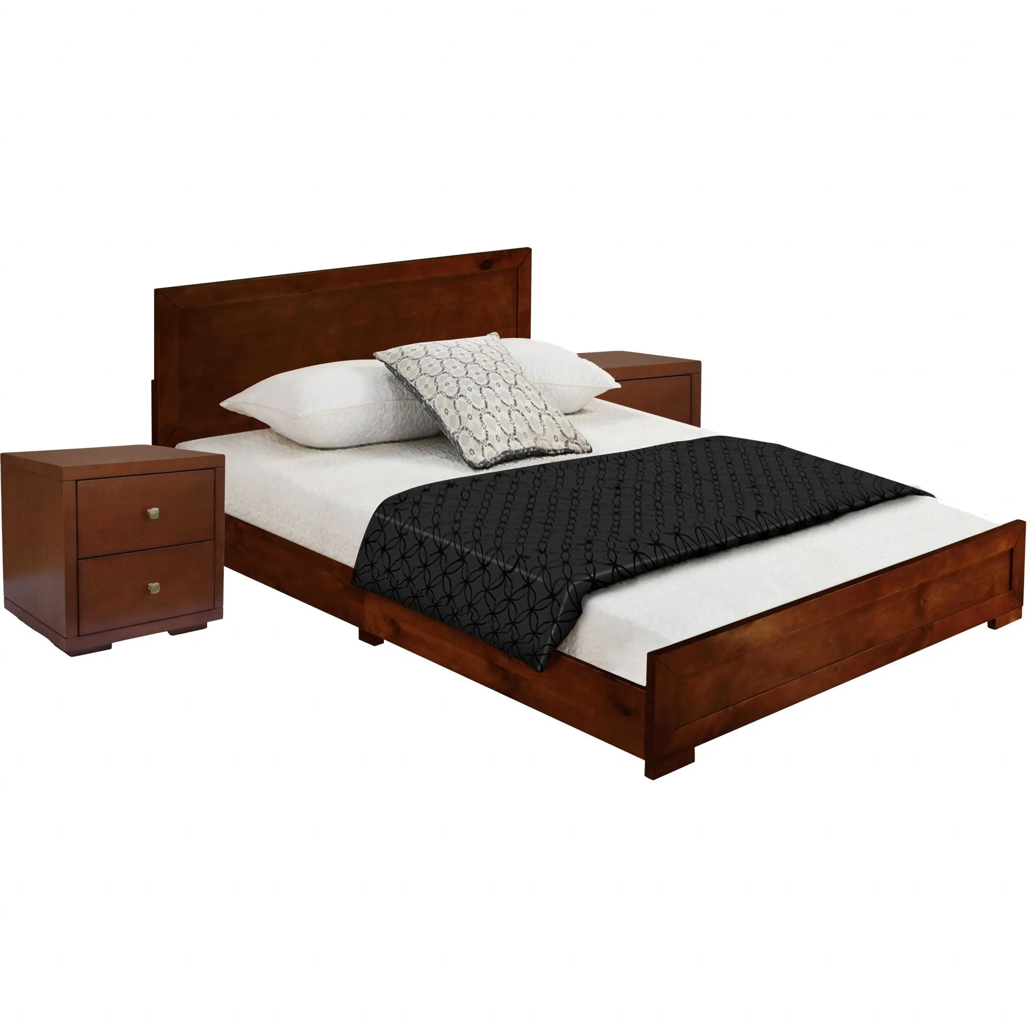 Moma Black Wood Platform Queen Bed With Two Nightstands