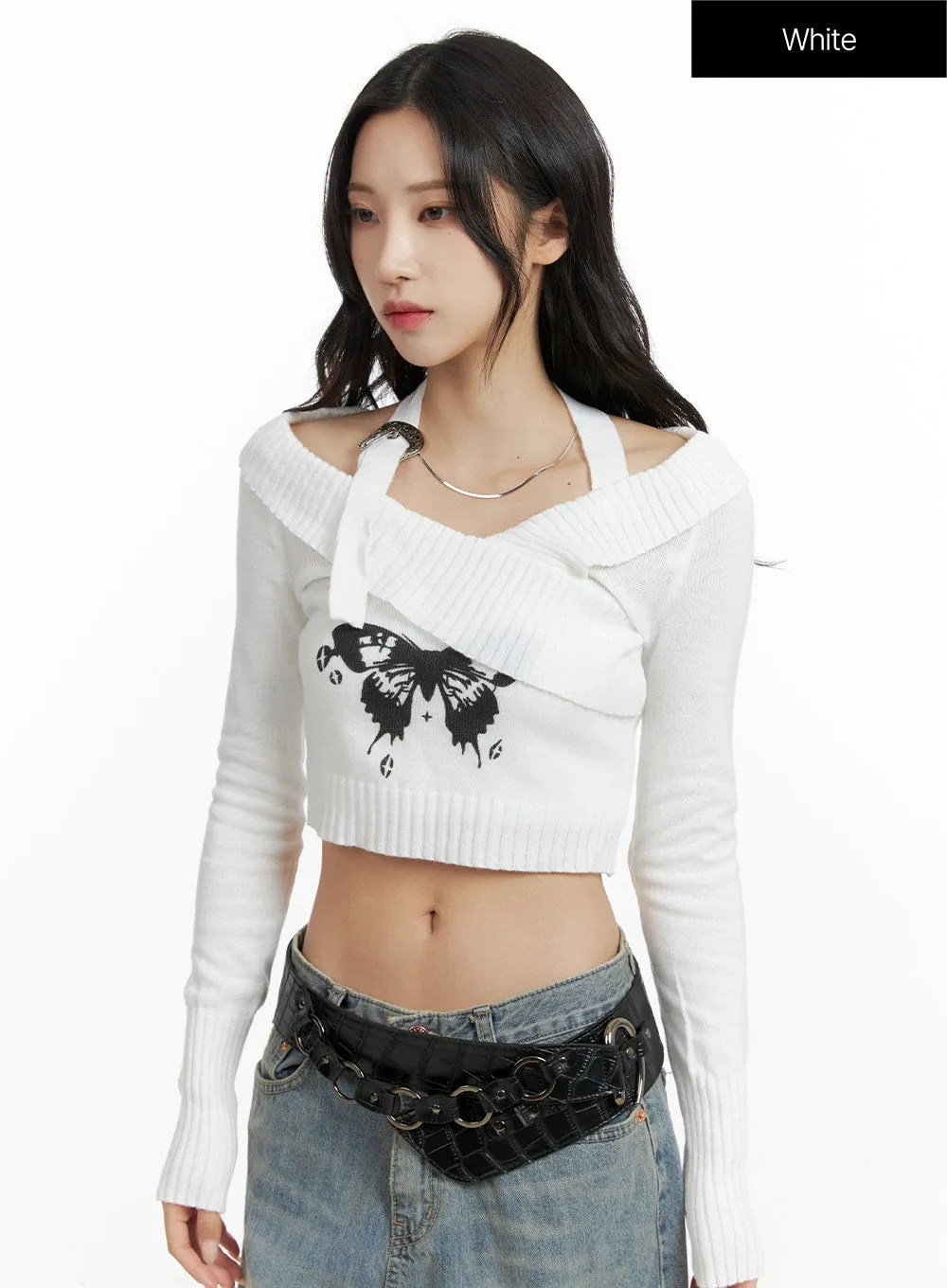 Off Shoulder Buckle Halter Crop Sweater CF415